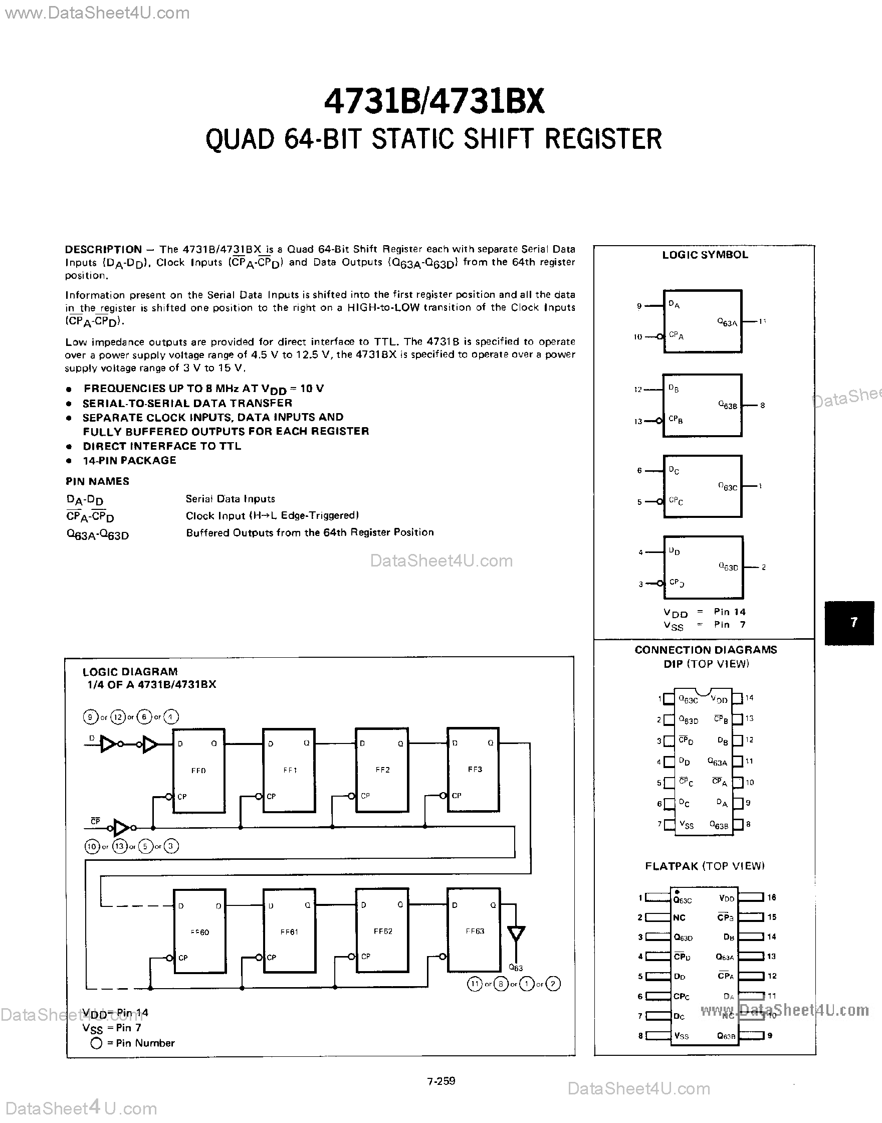 Даташит на микросхему 4731B страница 1 Даташит 4731B - Quad 64-Bit Static Shift Register страница 1