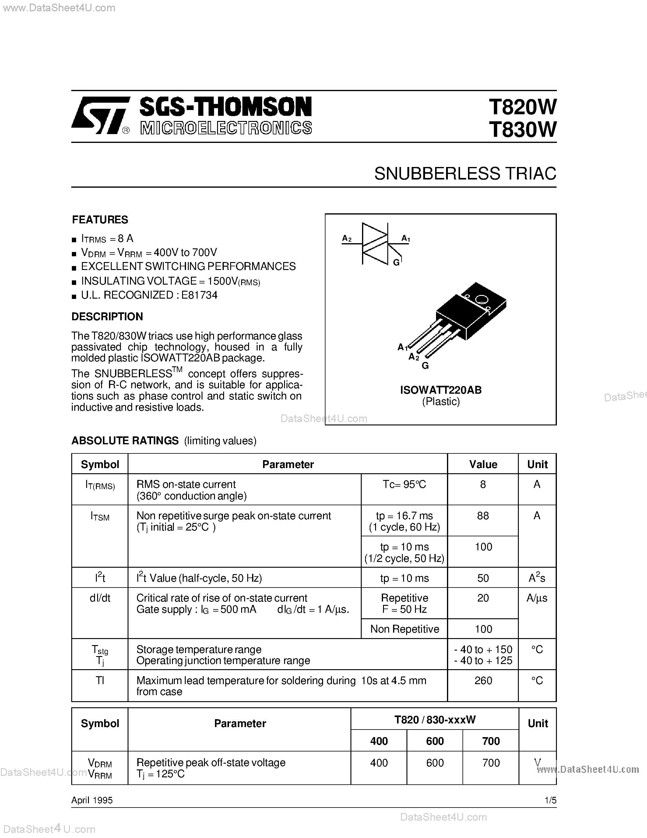 Datasheet T820W - (T820W / T830W) SNUBBERLESS TRIAC page 1