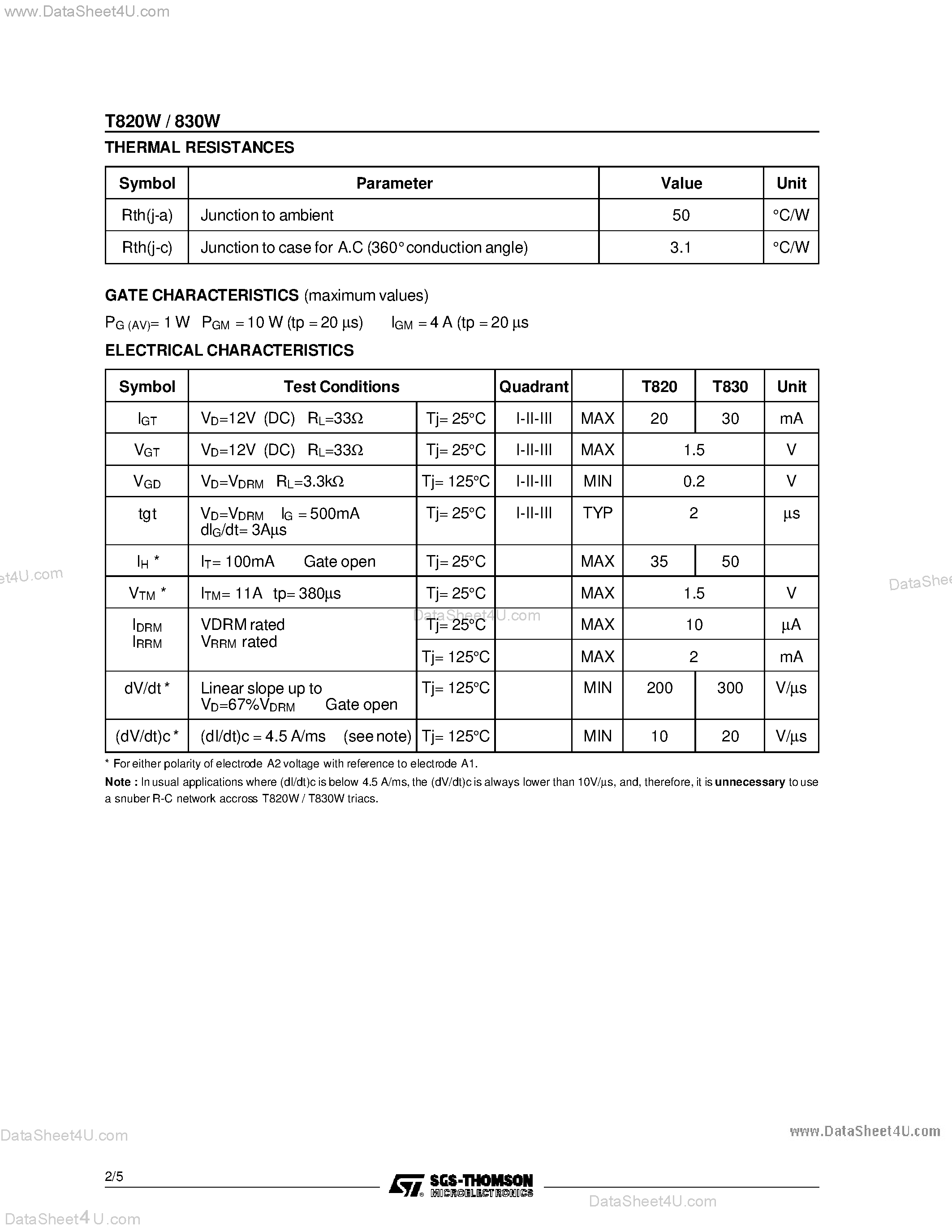 Datasheet T820W - (T820W / T830W) SNUBBERLESS TRIAC page 2