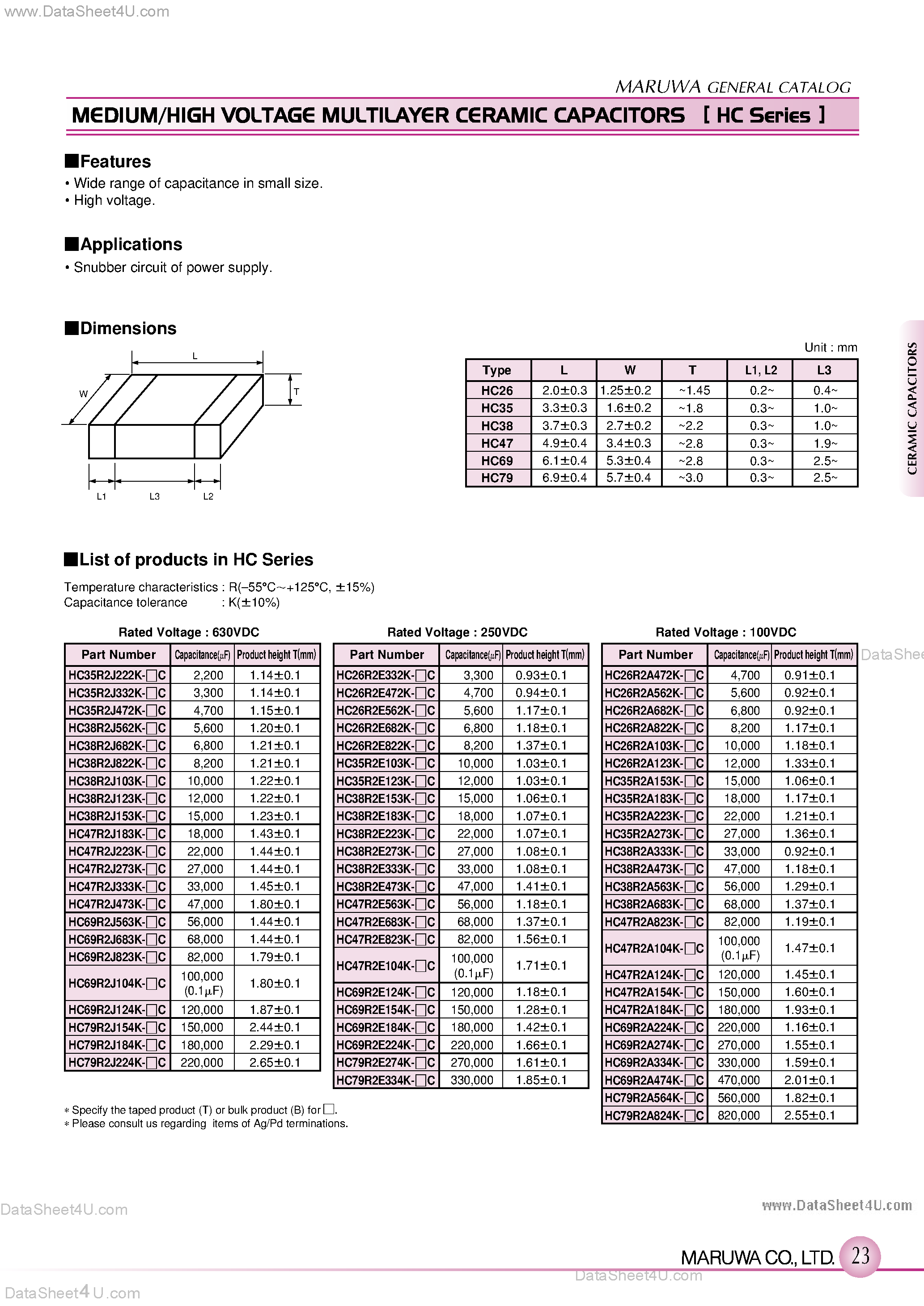 Datasheet HC69R2A274K - (HC69R2xxxx) MEDIUM/HIGH VOLTAGE MULTILAYER CERAMIC CAPACITORS page 1