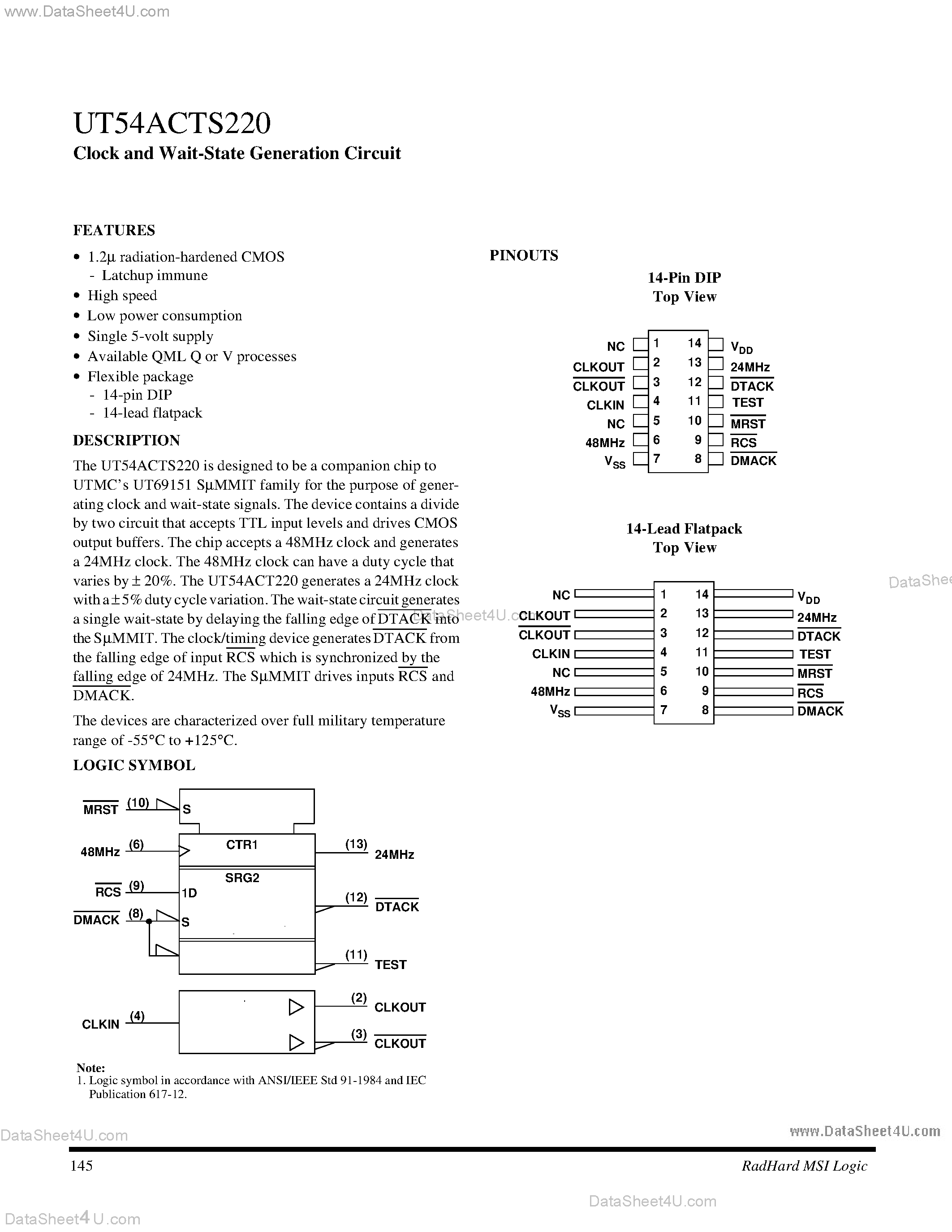 Datasheet UT54ACTS220 - Clock and Waut State Generation Circuit page 1