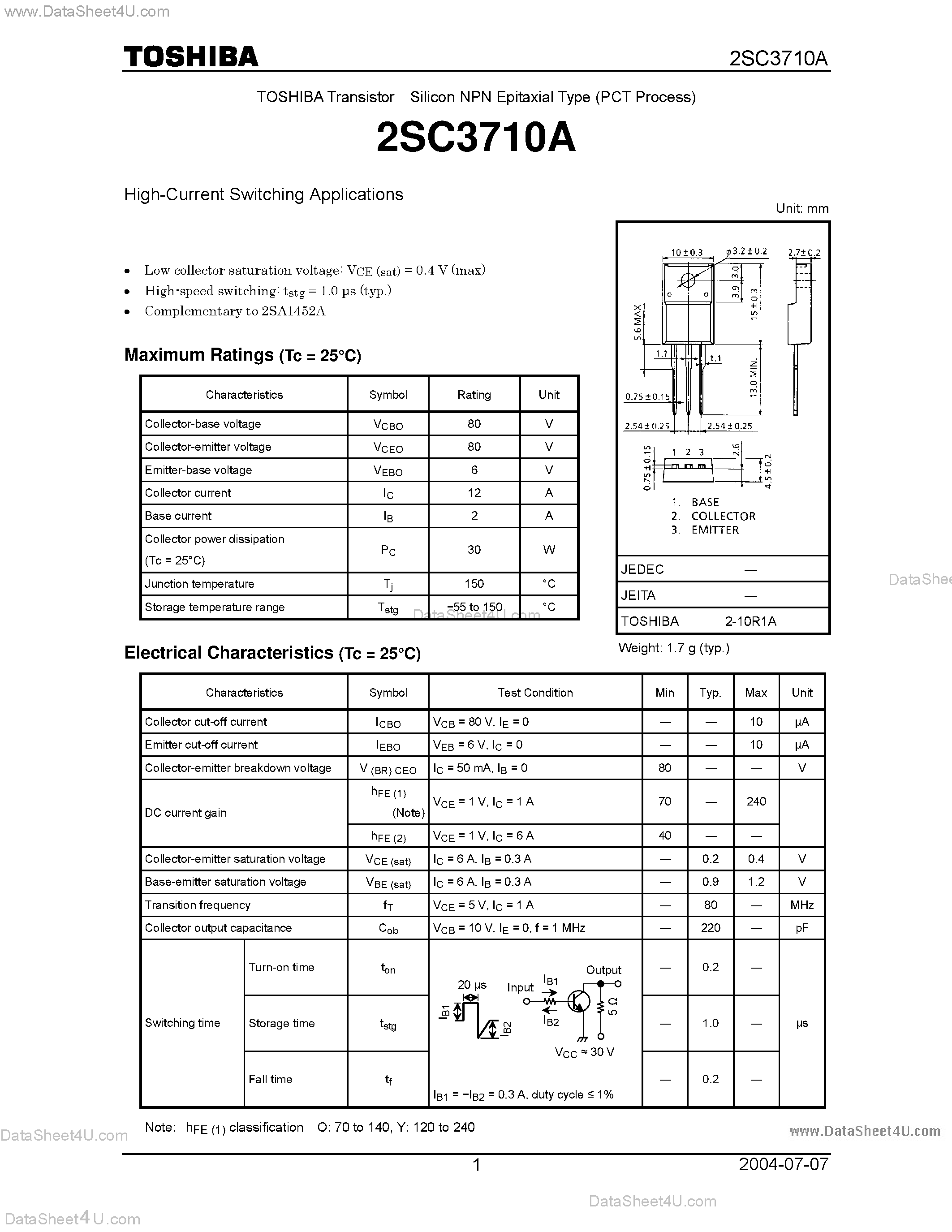Datasheet 2SC3710A - HIGH CURRENT SWITCHING APPLICATIONS page 1