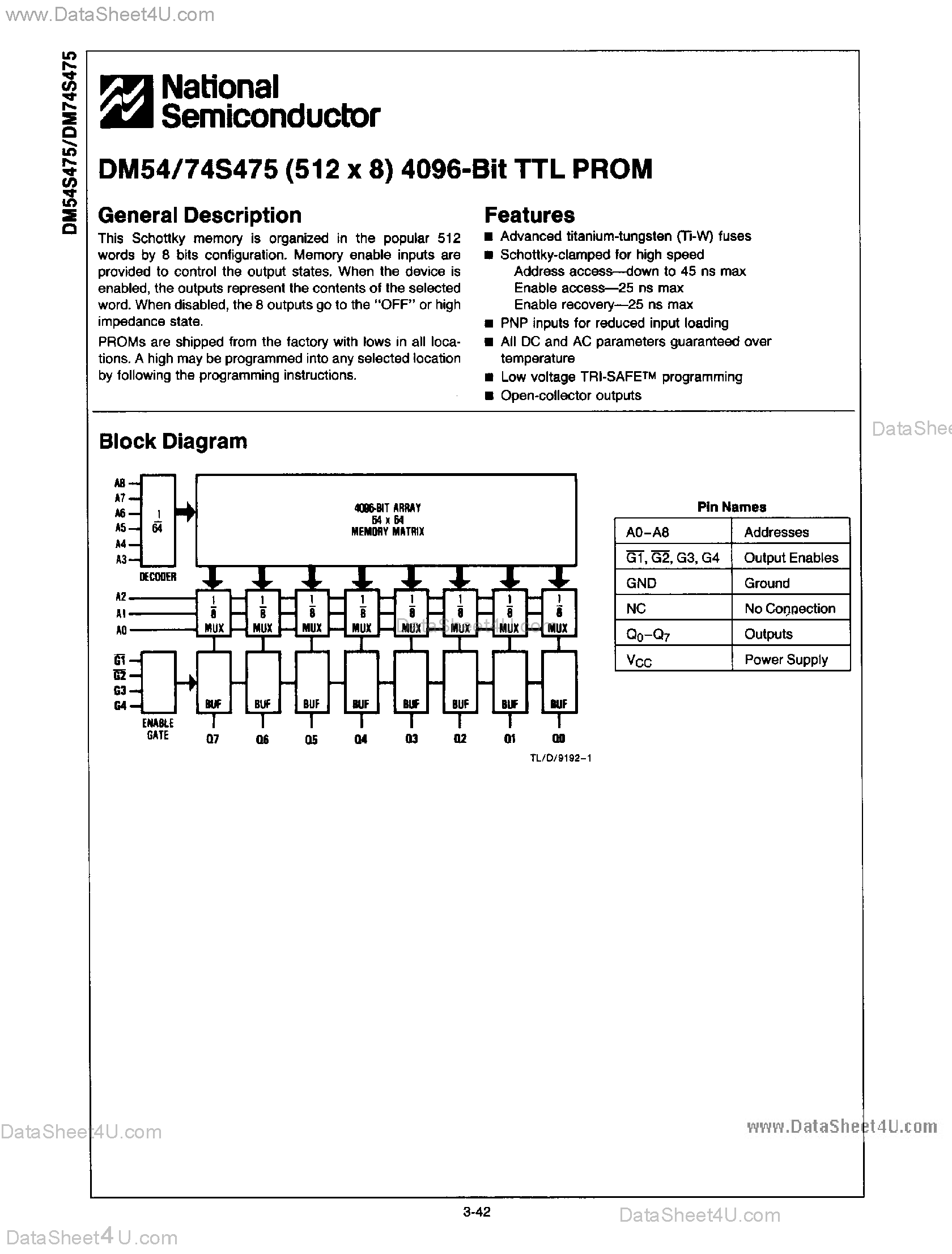 Datasheet DM74S475 page 1 Datasheet DM74S475 - 4096-Bit TTL PROM page 1