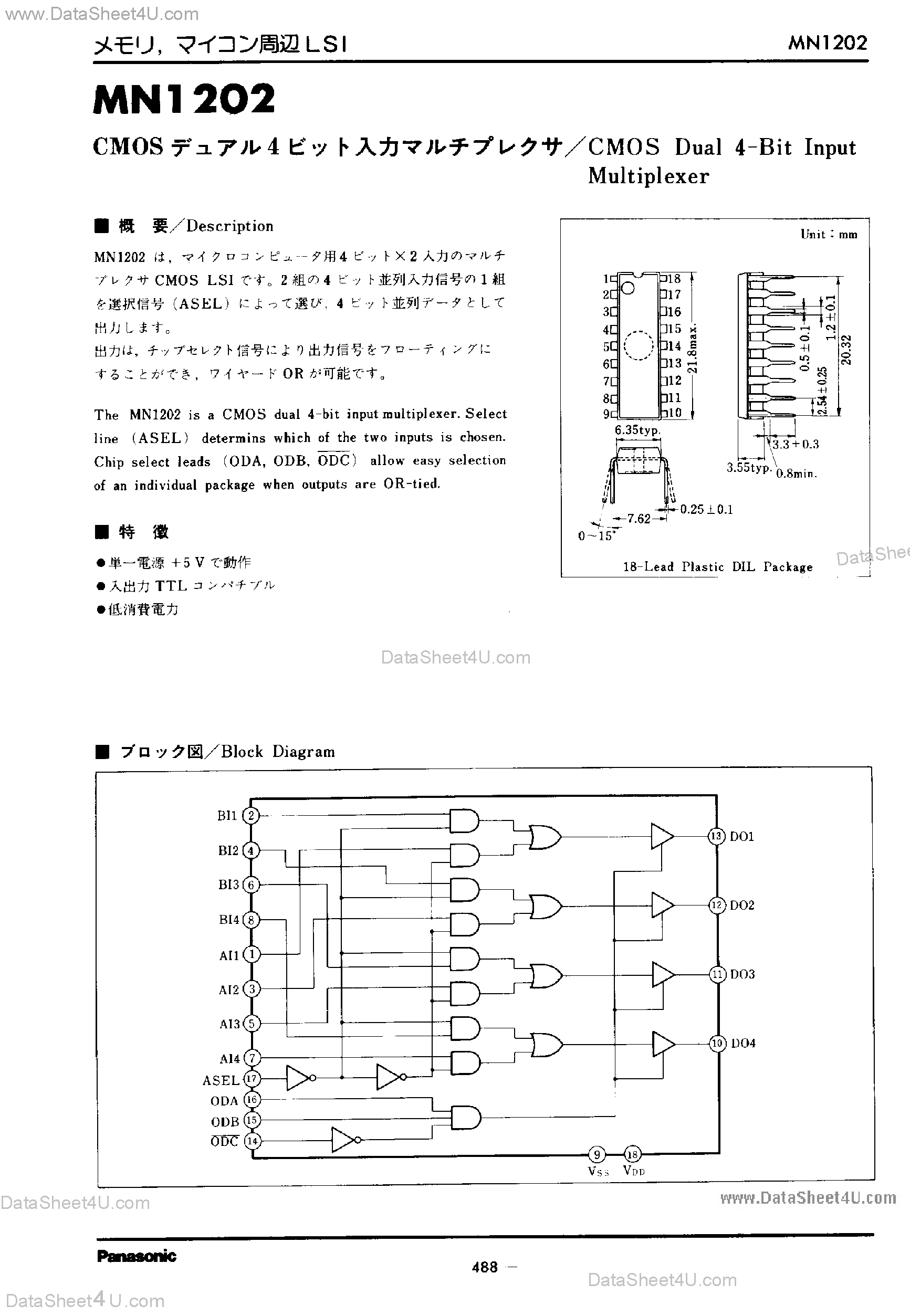 Datasheet MN1202 - CMOS Dual 4-Bit Input Multiplexer page 1