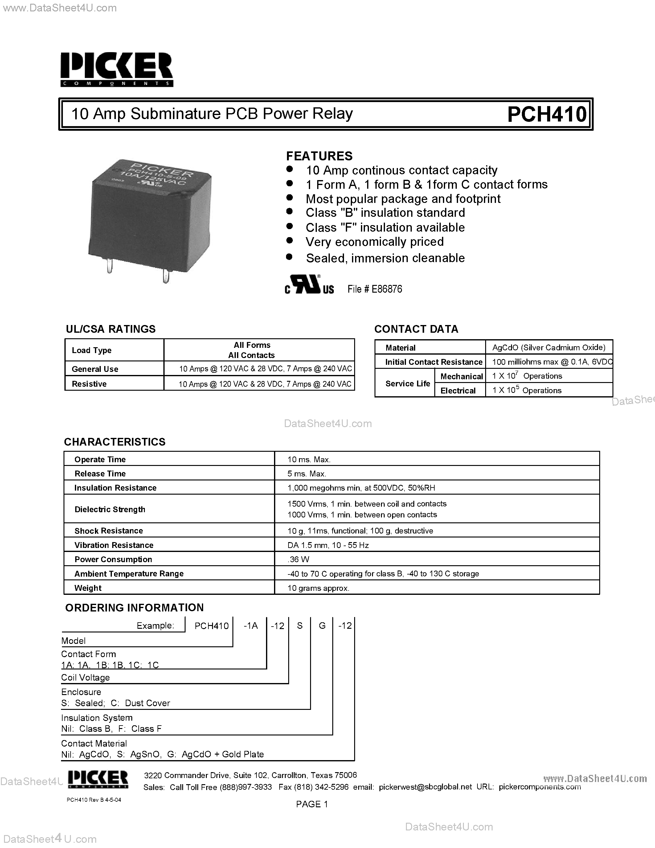 Datasheet PCH410 - 10 Amp Subminature PCB Power Relay page 1