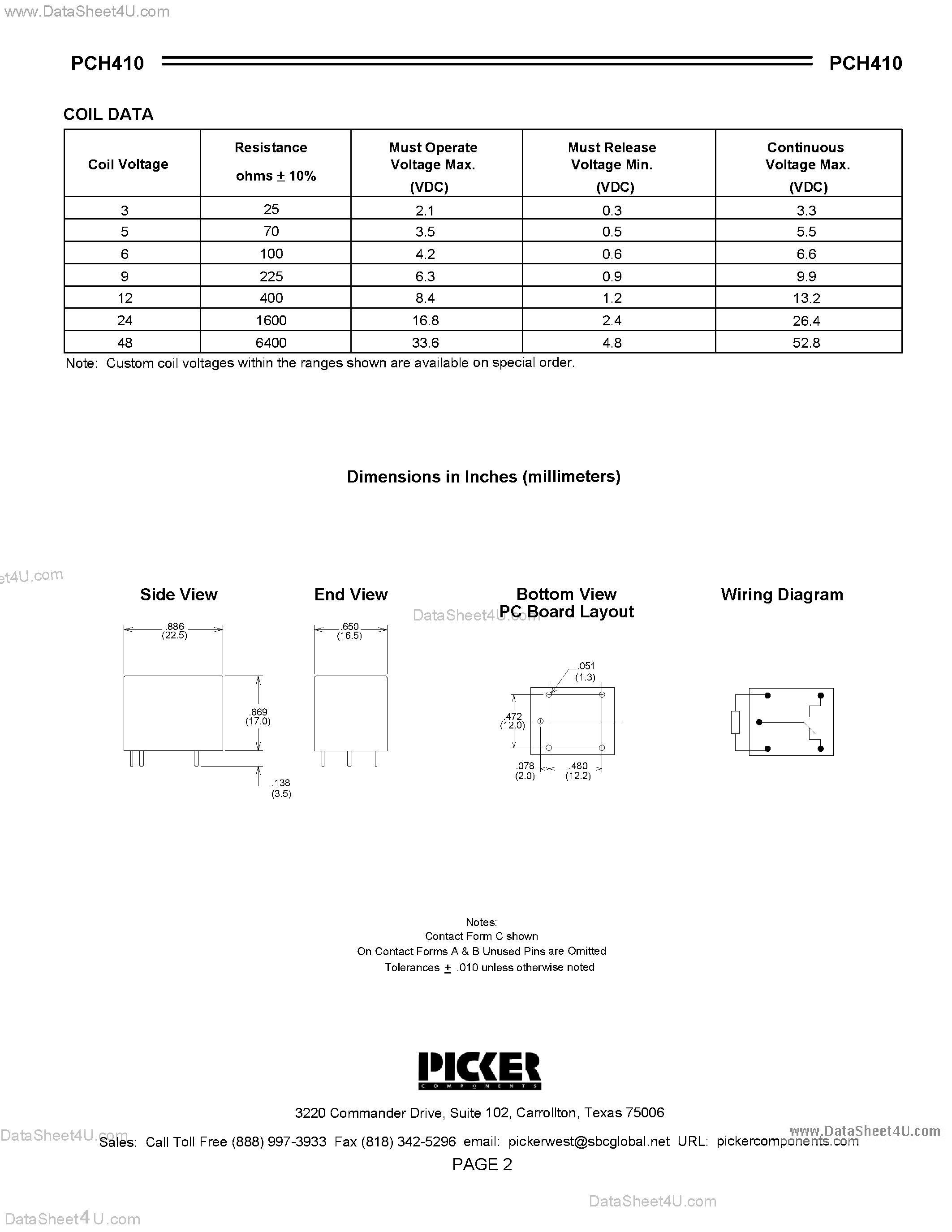 Datasheet PCH410 - 10 Amp Subminature PCB Power Relay page 2
