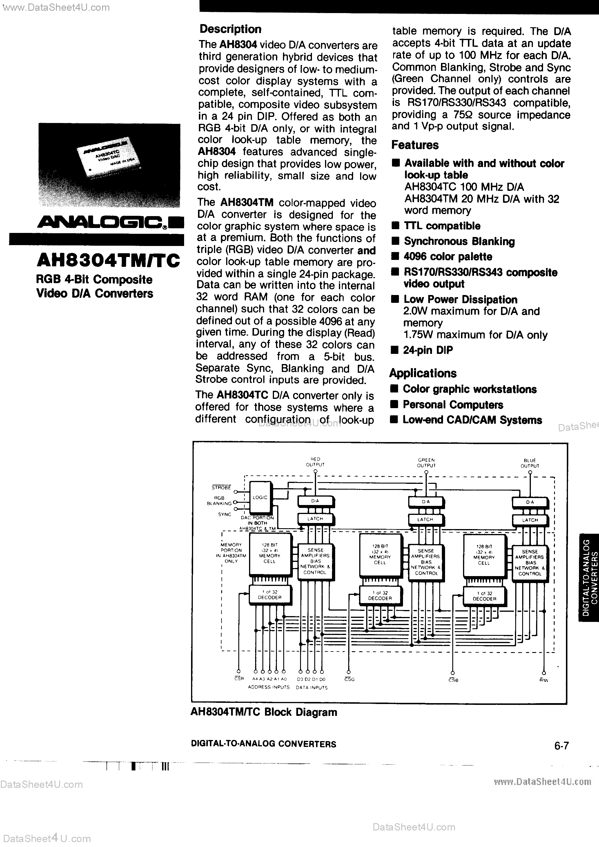 Даташит AH8304TC - RGB 4-Bit Composite Video D/A Converters страница 1