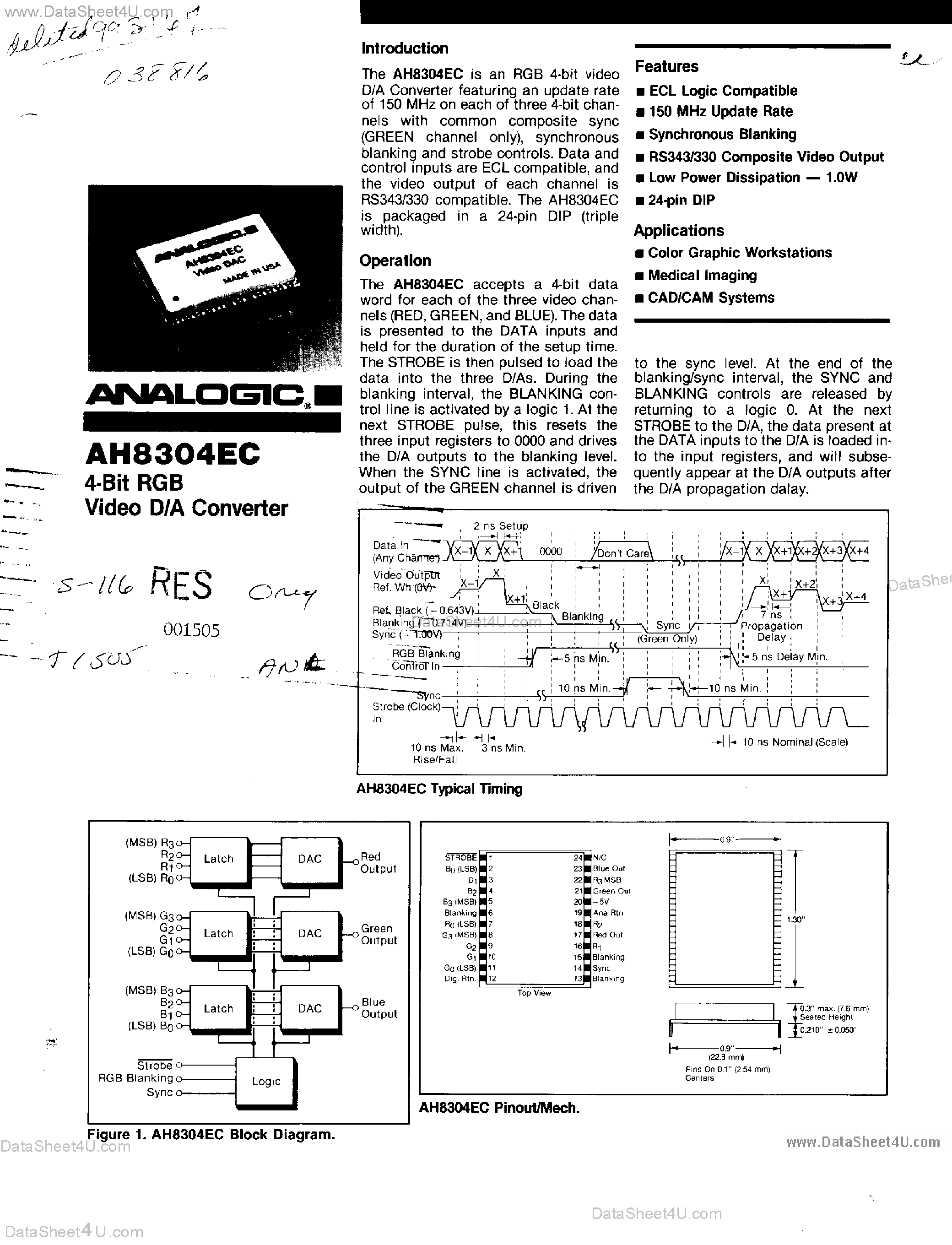 Даташит AH8304EC - RGB 4-Bit Video D/A Converters страница 1