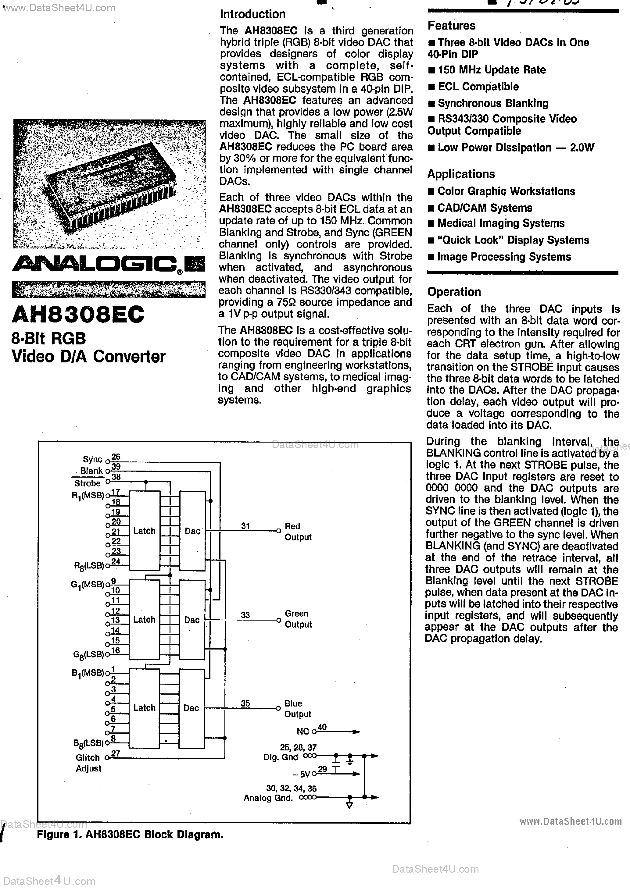 Datasheet AH8308EC - 8-Bit Composite Video D/A Converters page 1