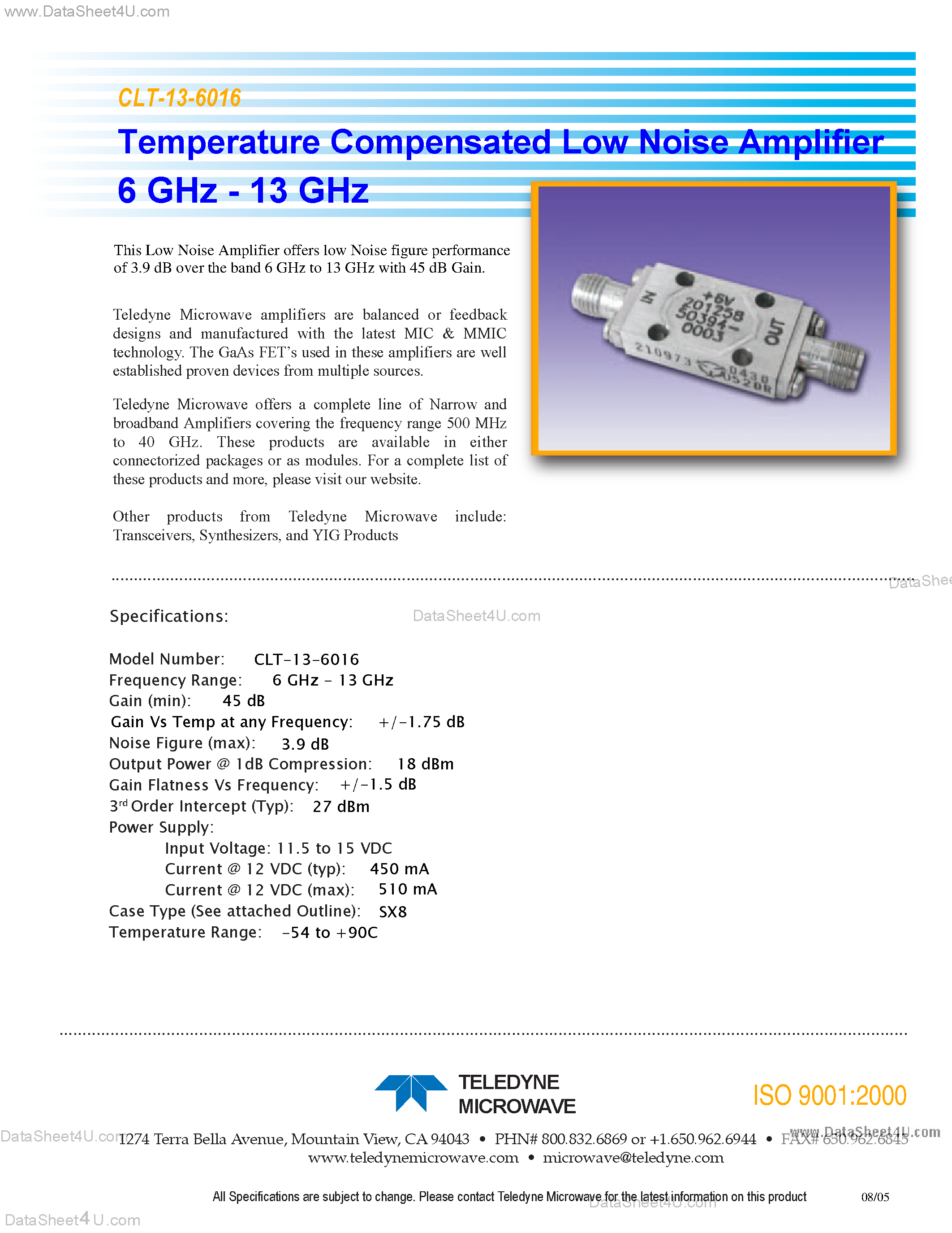 Datasheet CLT-13-6016 - Temperature Compensated Low Noise Amplifier 6 GHz - 13 GHz page 1