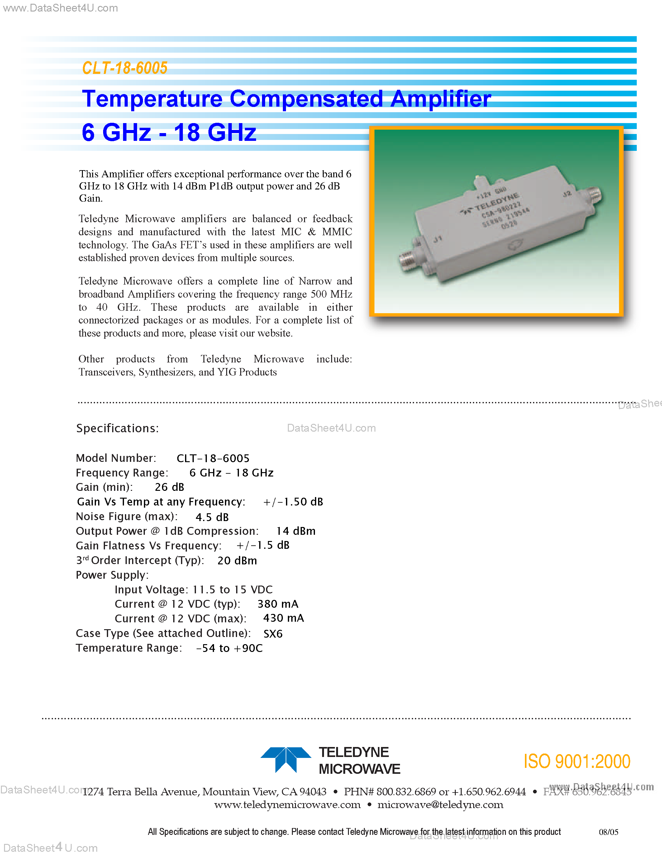 Datasheet CLT-18-6005 page 1 Datasheet CLT-18-6005 - Temperature Compensated Amplifier 6 GHz - 18 GHz page 1