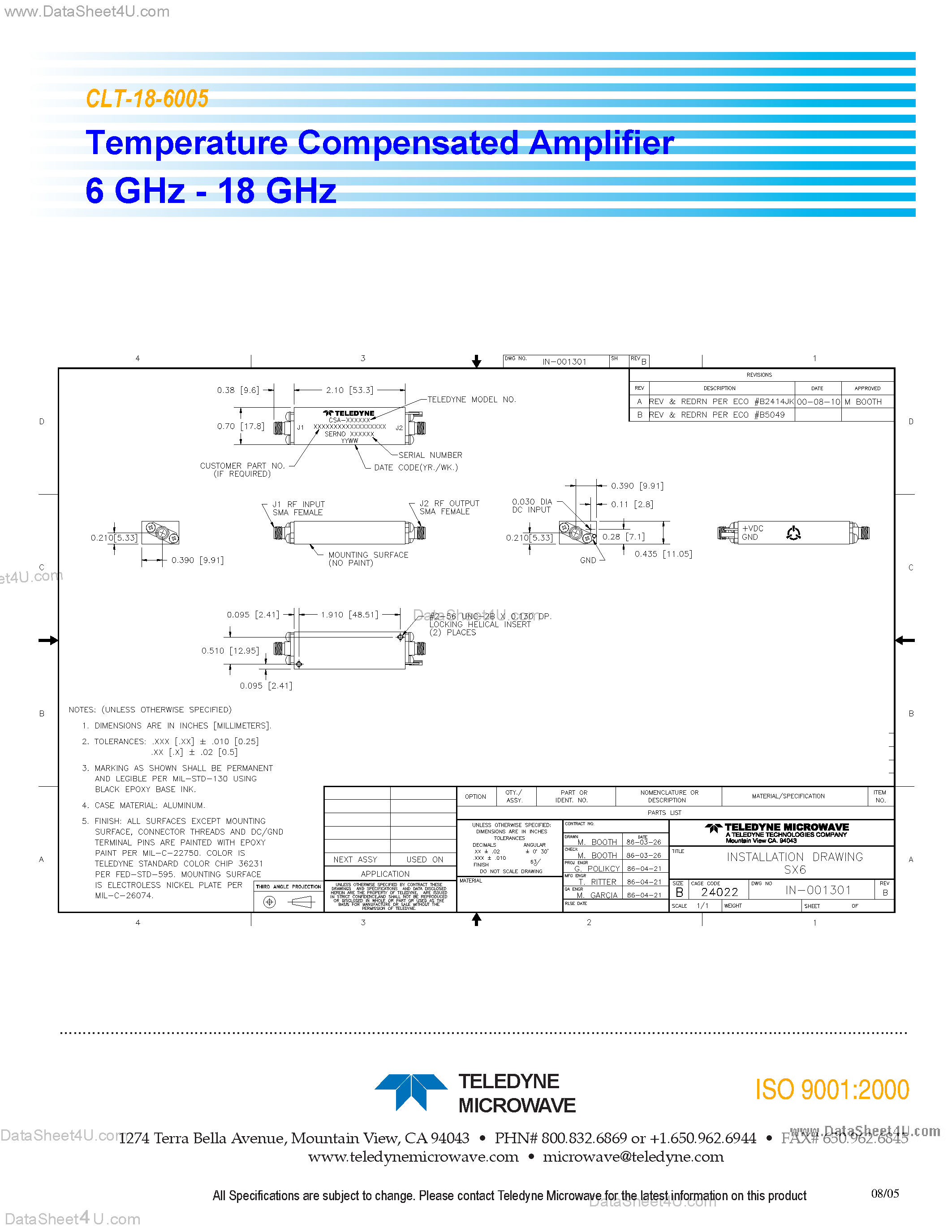 Datasheet CLT-18-6005 page 2 Datasheet CLT-18-6005 - Temperature Compensated Amplifier 6 GHz - 18 GHz page 2