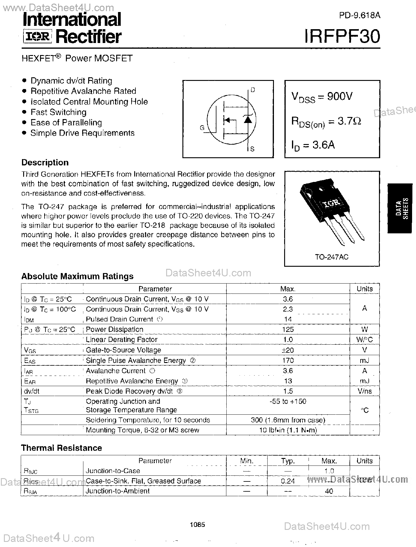 Datasheet IRFPF30 - Power MOSFET page 1
