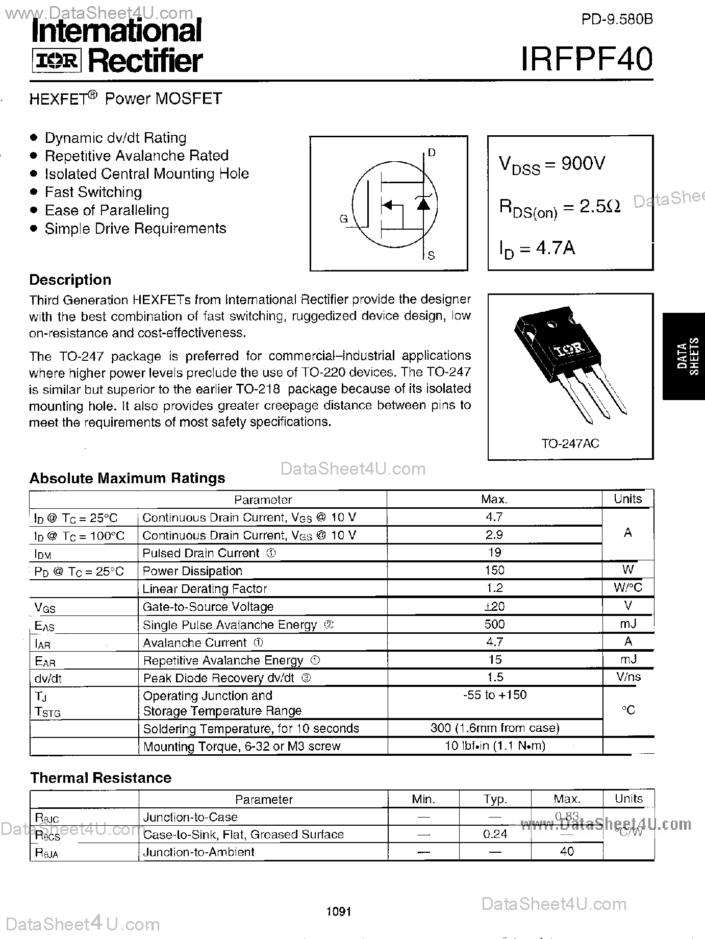 Datasheet IRFPF40 - Power MOSFET page 1