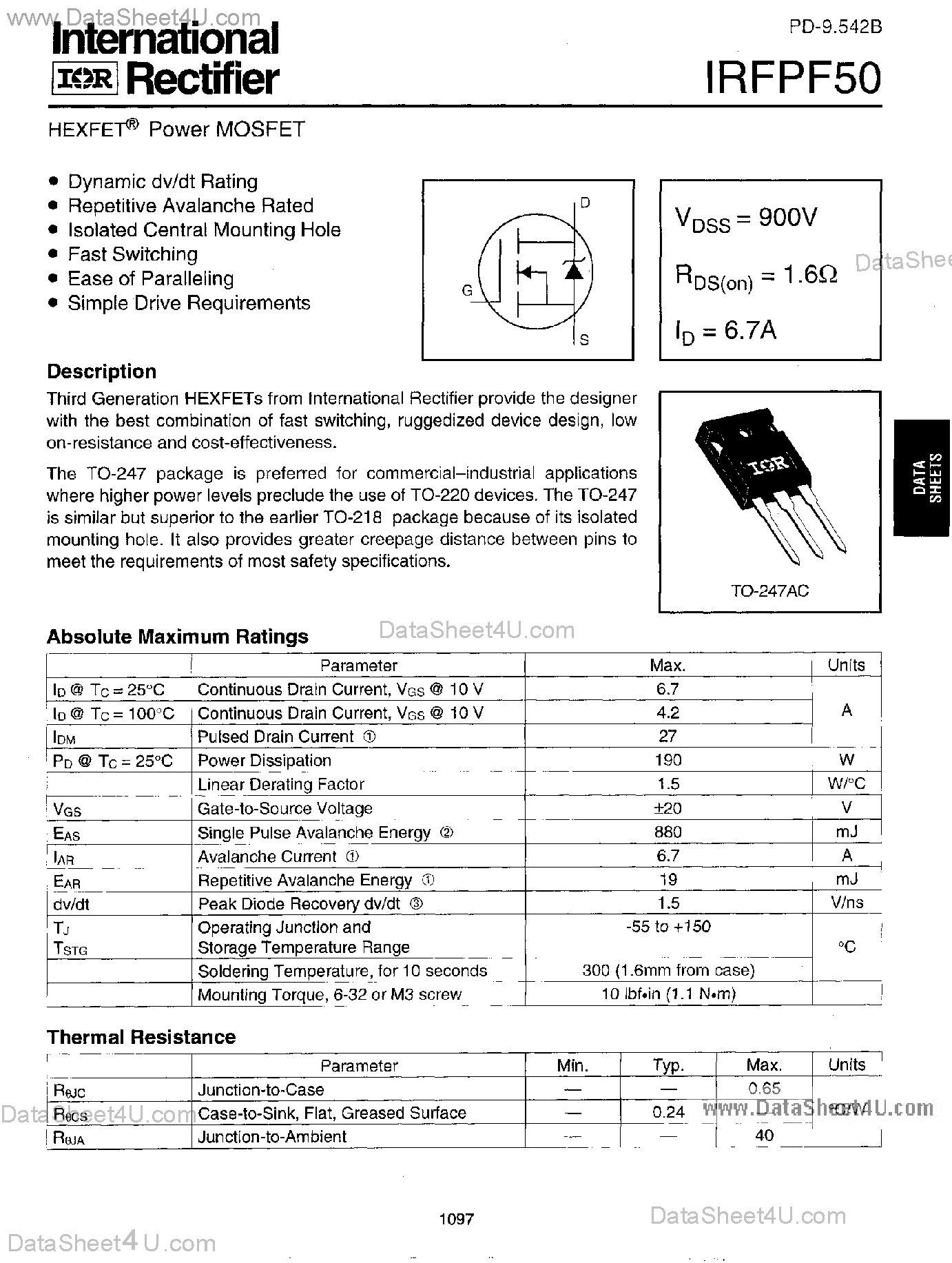 Datasheet IRFPF50 - Power MOSFET page 1