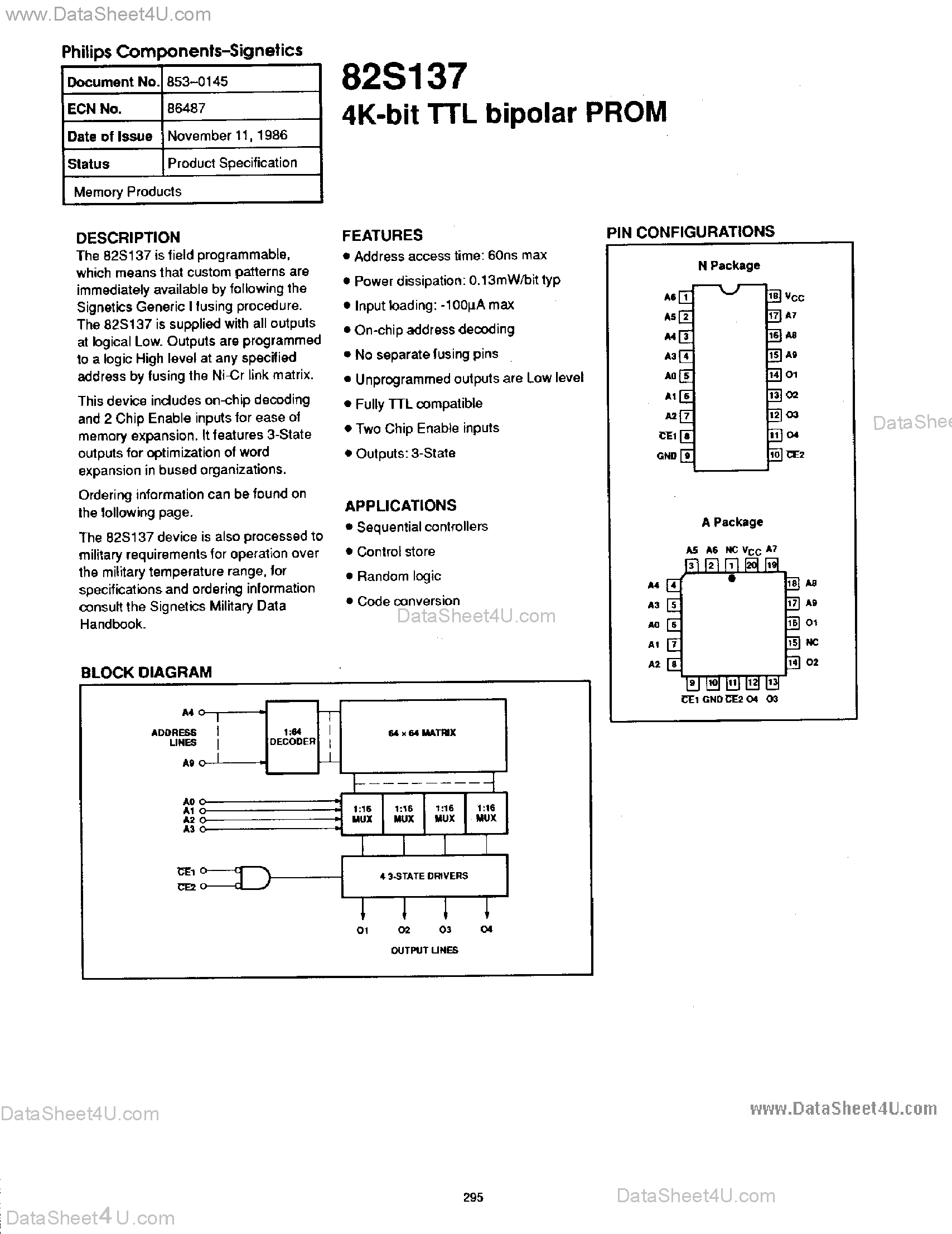 Datasheet 82S137 - 4K-Bit TTL Bipolar PROM page 1
