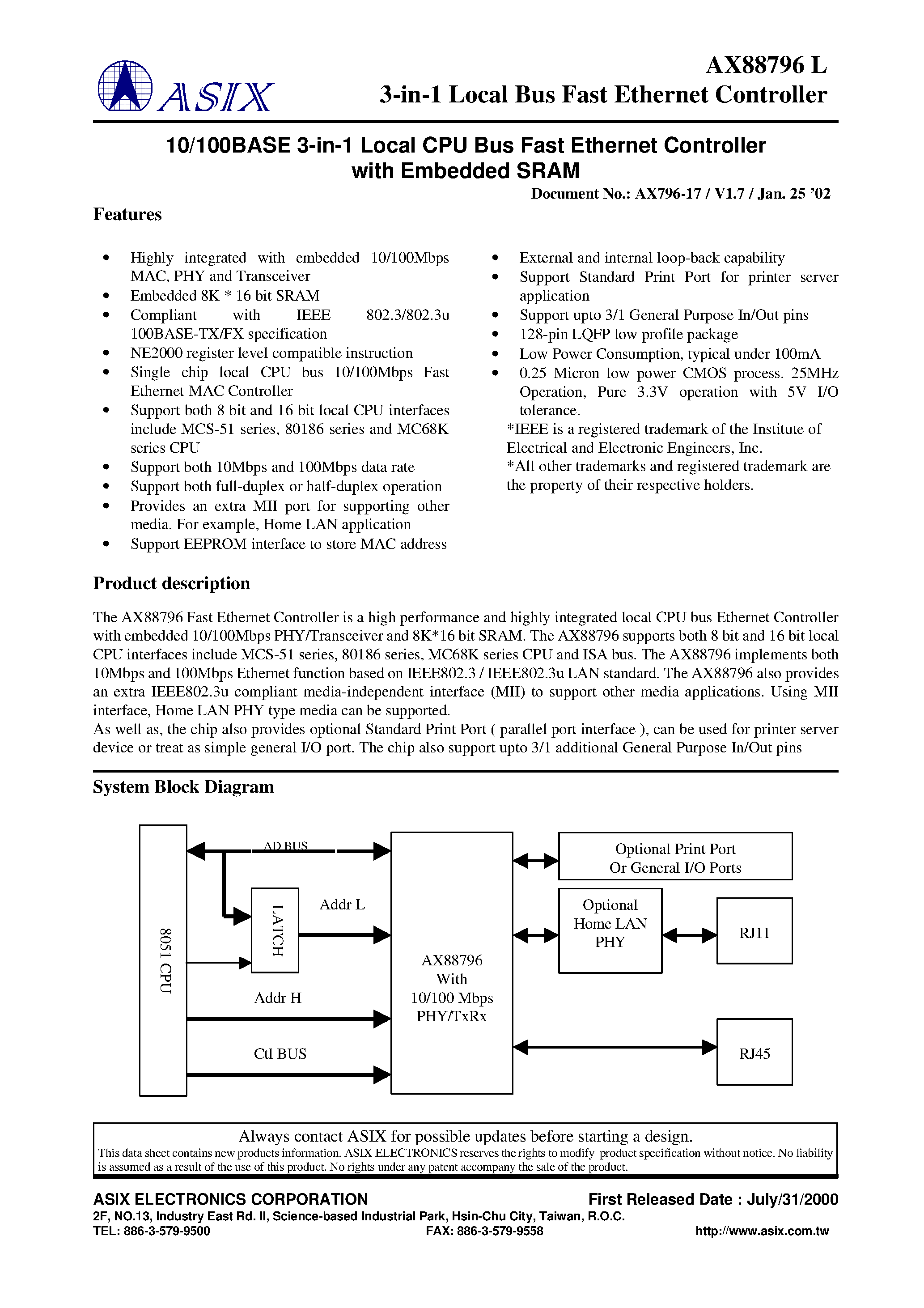 Datasheet AX88796L page 1 Datasheet AX88796L - 3-in-1 Local CPU Bus Fast Rthernet Controller page 1