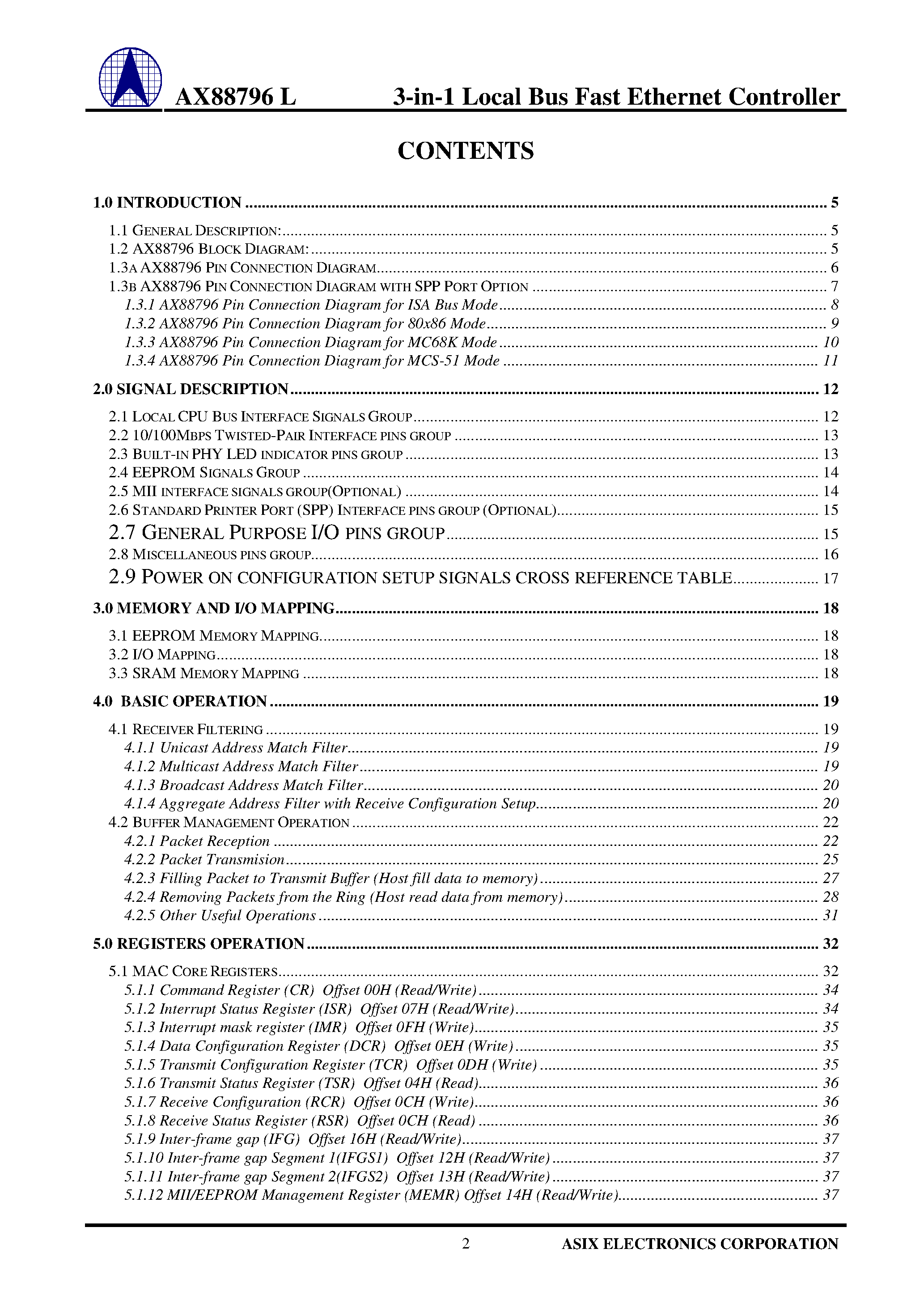 Datasheet AX88796L page 2 Datasheet AX88796L - 3-in-1 Local CPU Bus Fast Rthernet Controller page 2