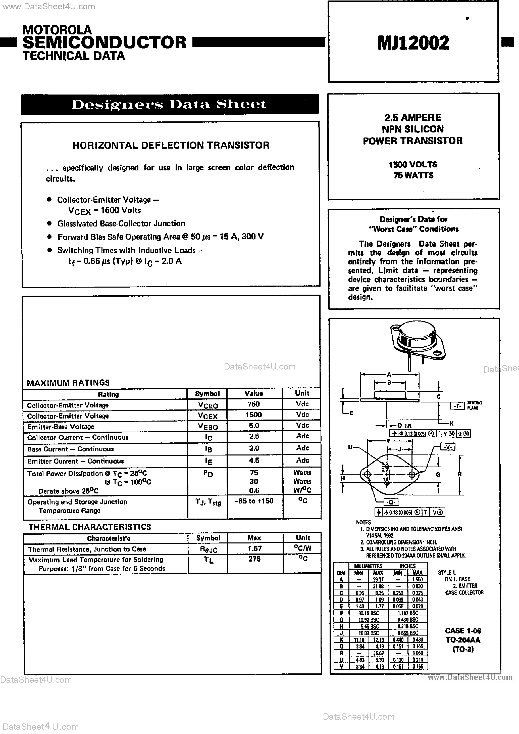 Datasheet MJ12002 - 2.5 Amp NPN Silicon Power Transistor page 1