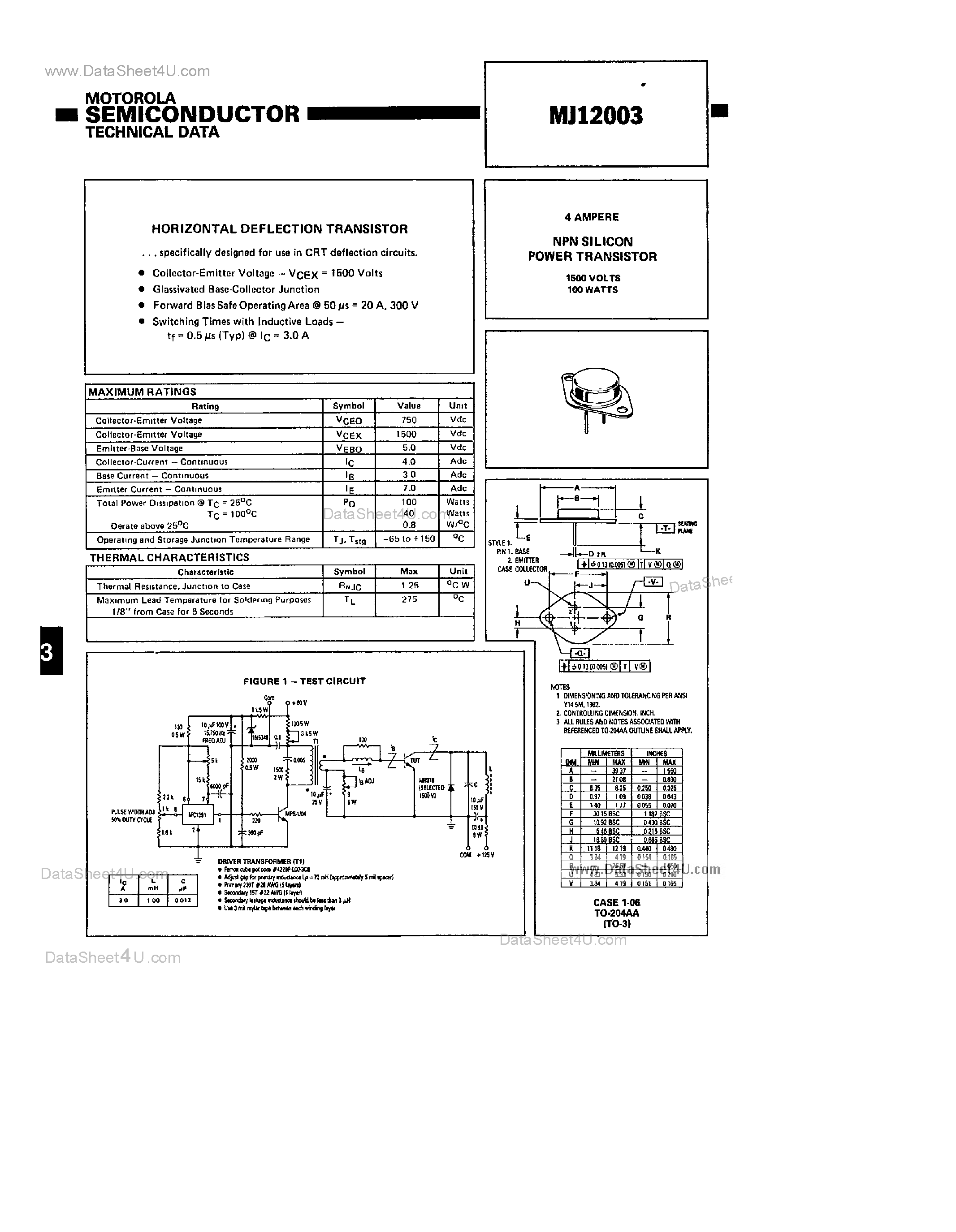 Datasheet MJ12003 page 1 Datasheet MJ12003 - 4 Amp NPN Silicon Power Transistor page 1