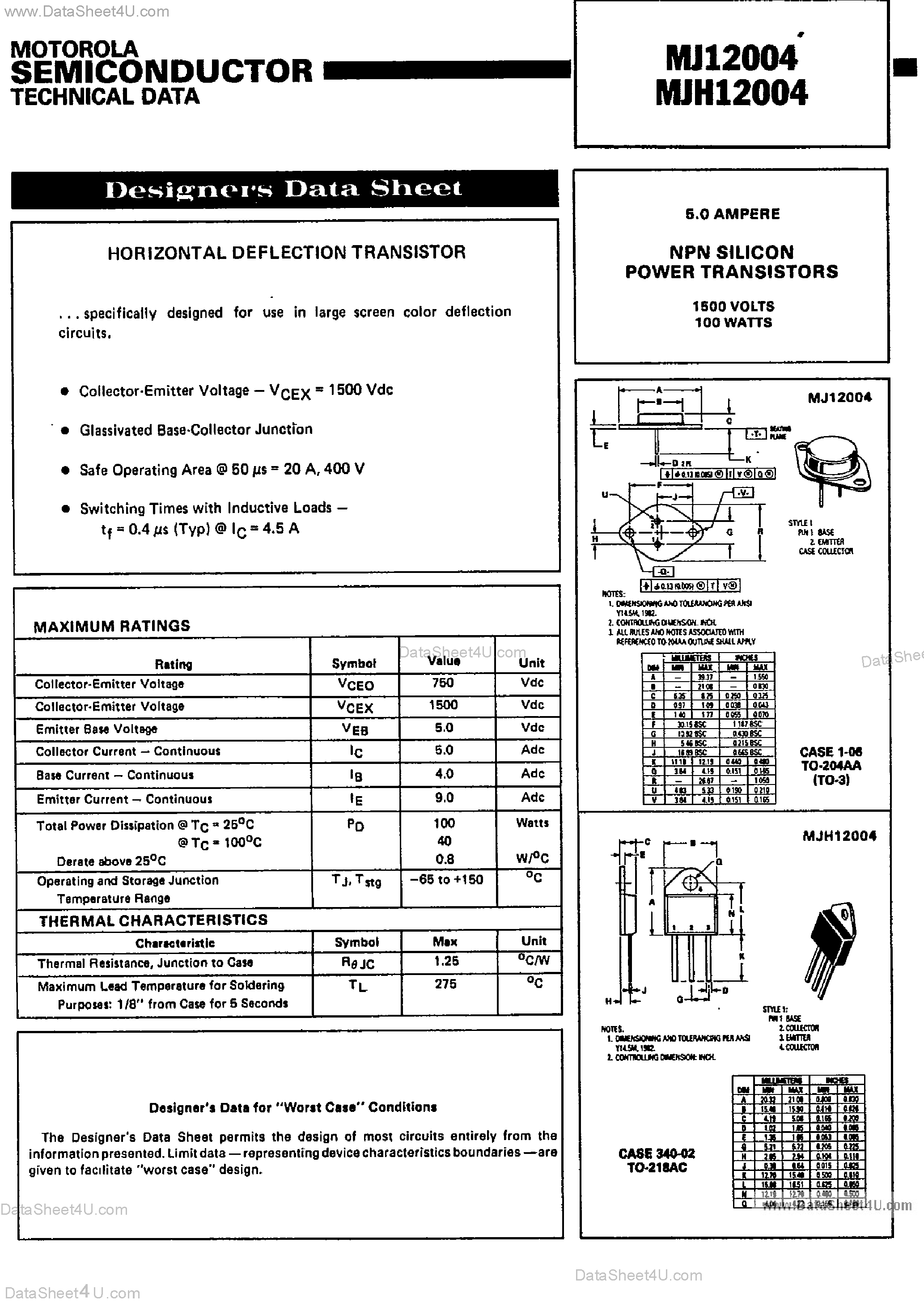 Datasheet MJ12004 - 5 Amp NPN Silicon Power Transistor page 1