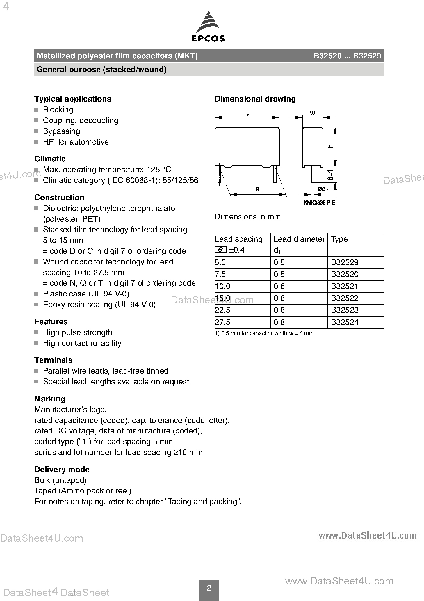 Datasheet B32521C6223J - Polyester Film Capacitors in Accordance page 2