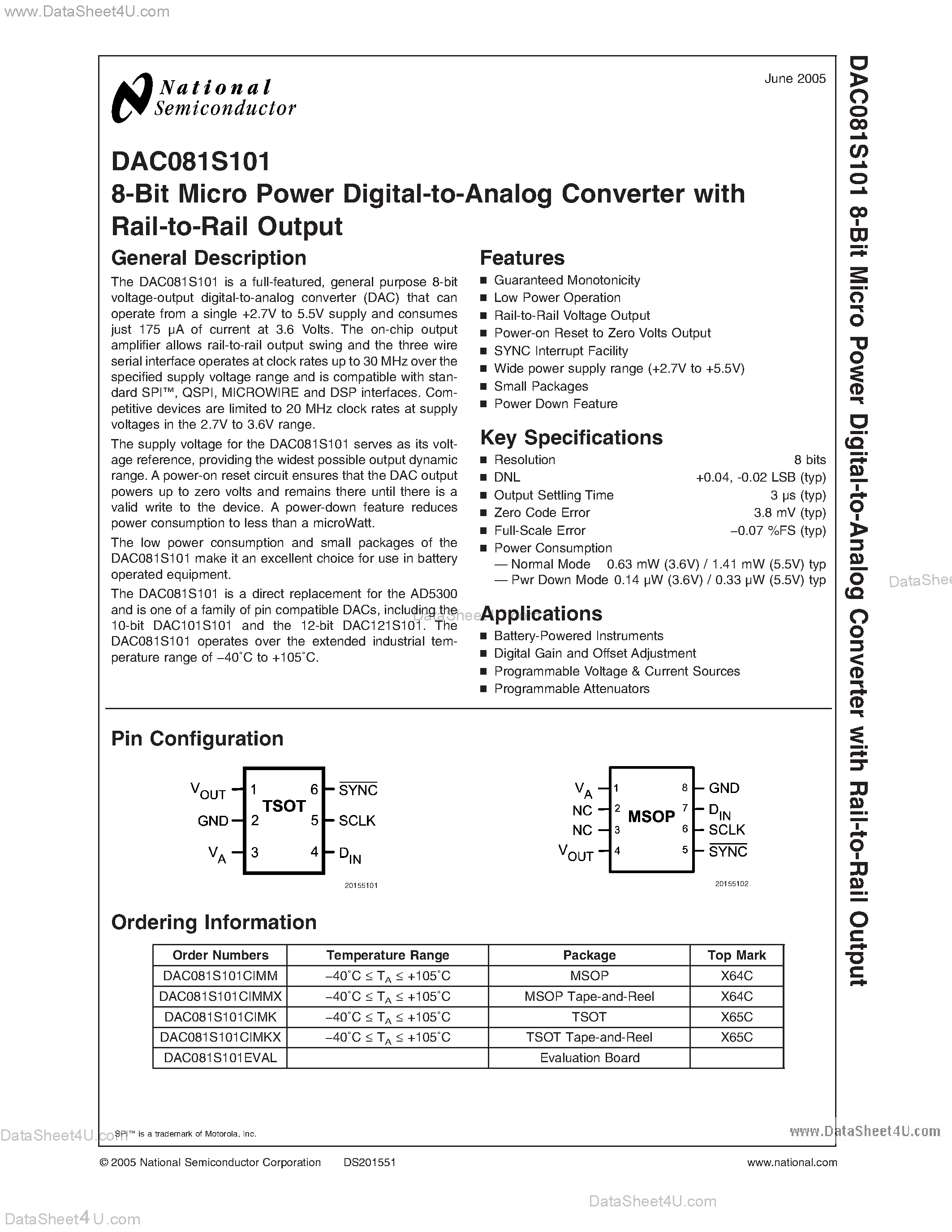 Datasheet DAC081S101 - 8-Bit Micro Power Digital-to-Analog Converter with Rail-to-Rail Output page 1