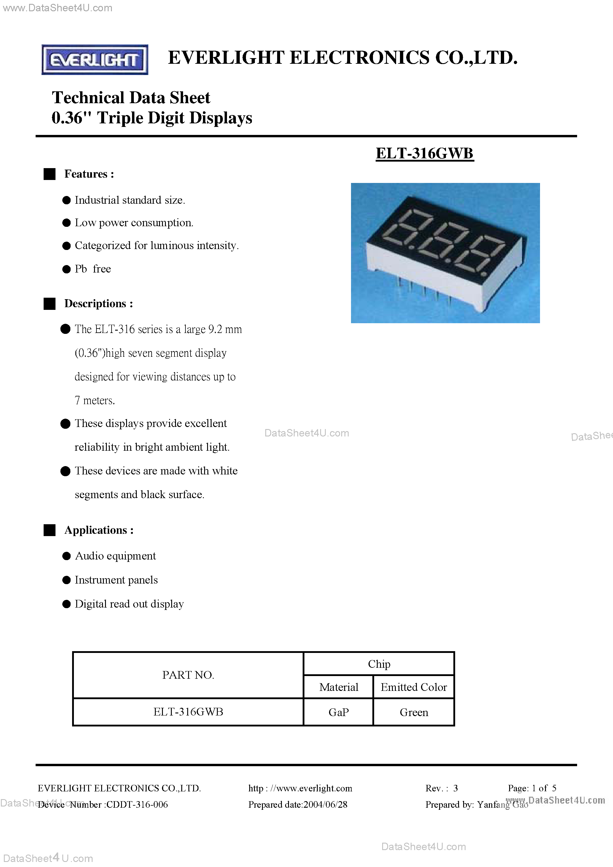 Datasheet ELT-316GWB page 1 Datasheet ELT-316GWB - Technical Data Sheet 0.36 Triple Digit Displays page 1