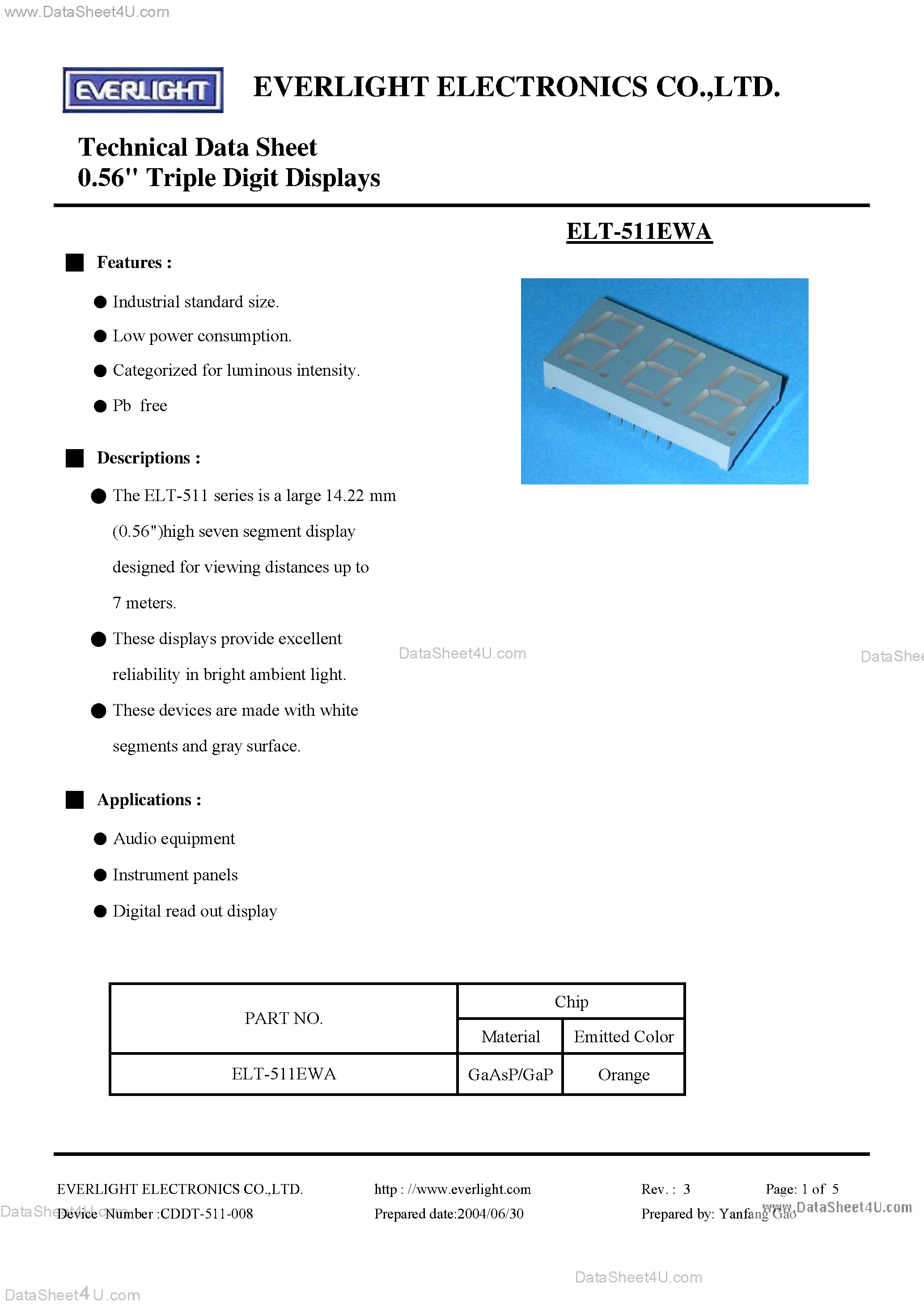 Datasheet ELT-511EWA - Technical Data Sheet 0.56inch Triple Digit Displays page 1