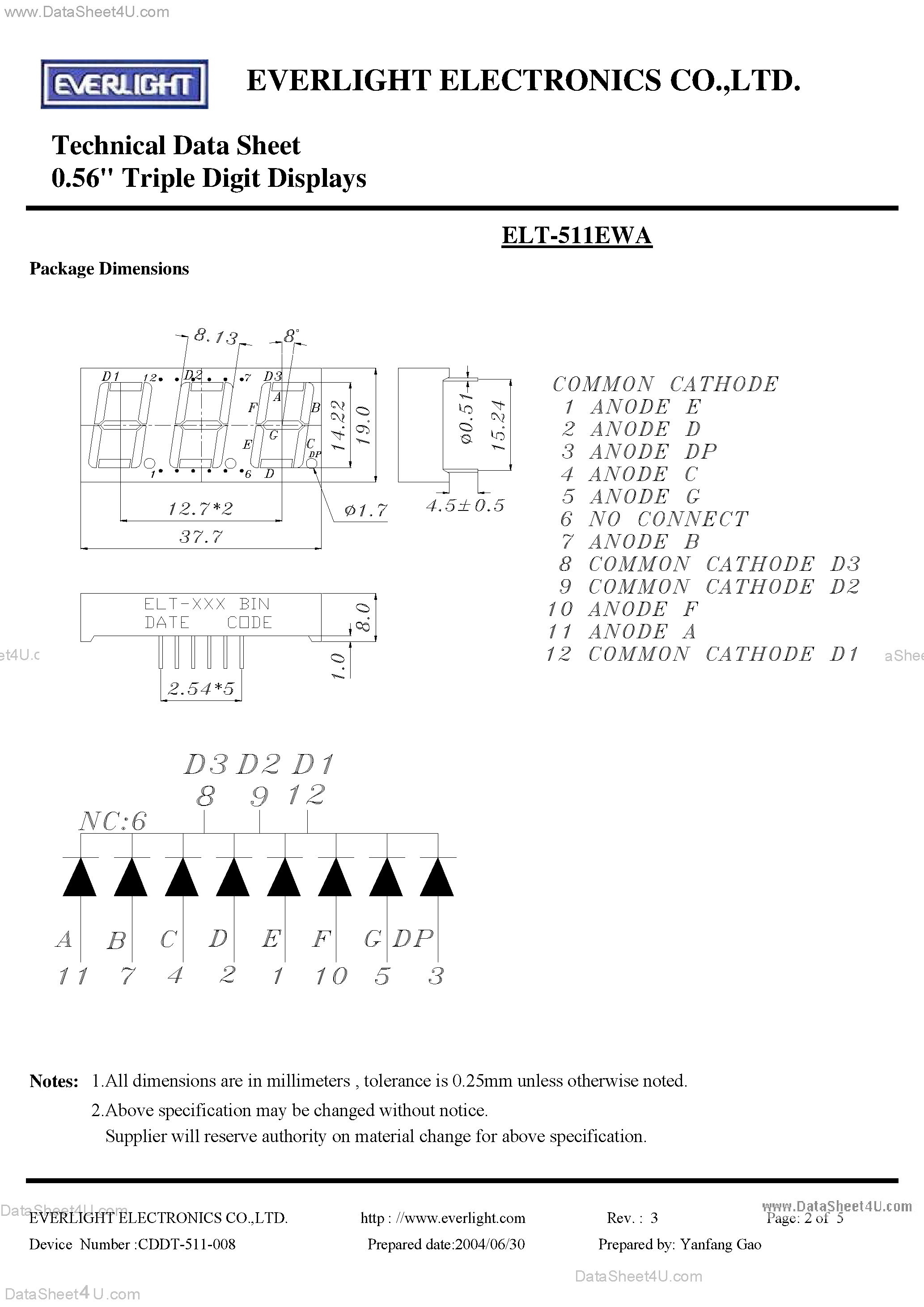 Datasheet ELT-511EWA - Technical Data Sheet 0.56inch Triple Digit Displays page 2