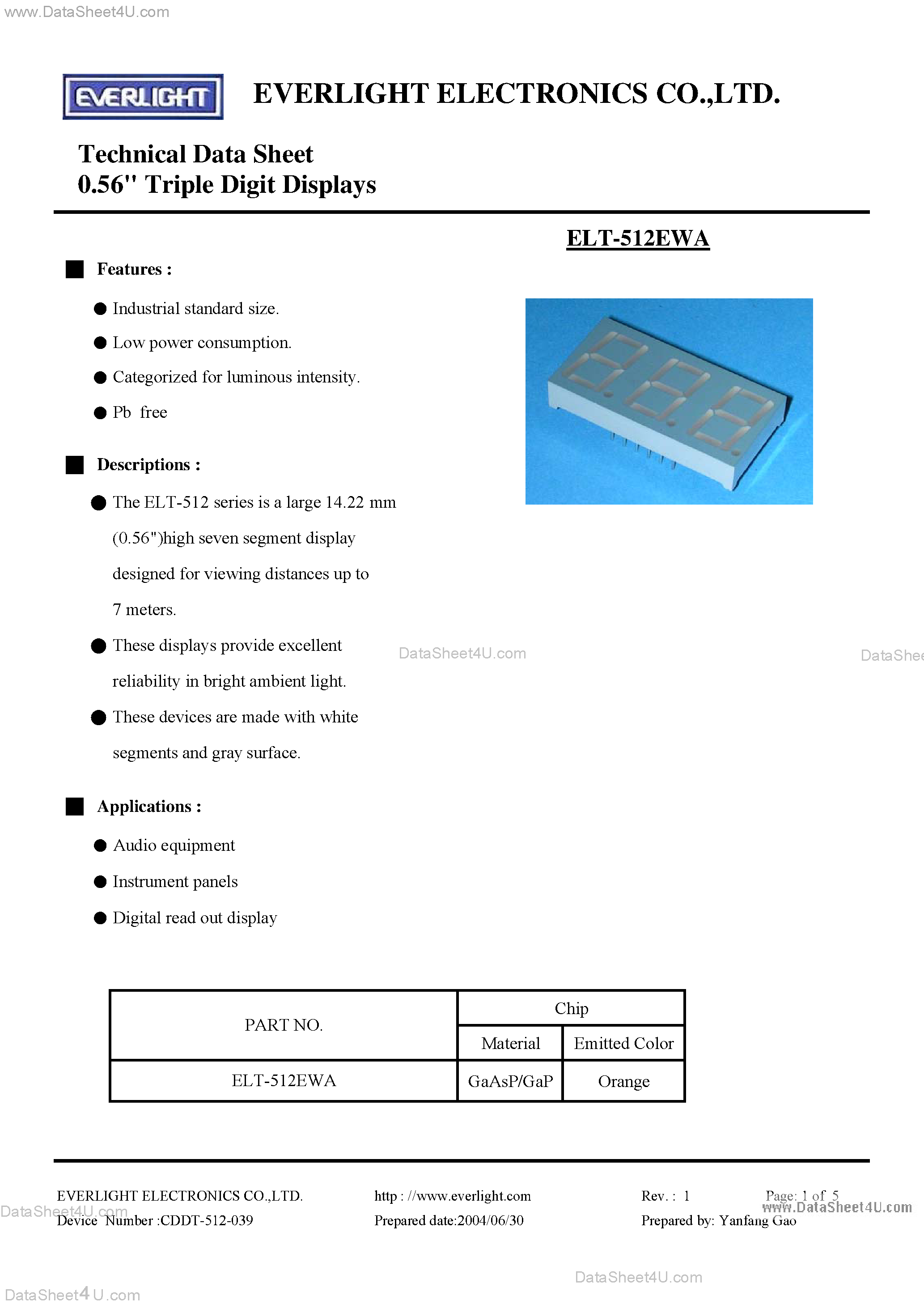 Datasheet ELT-512EWA - Technical Data Sheet 0.56 inch Triple Digit Displays page 1