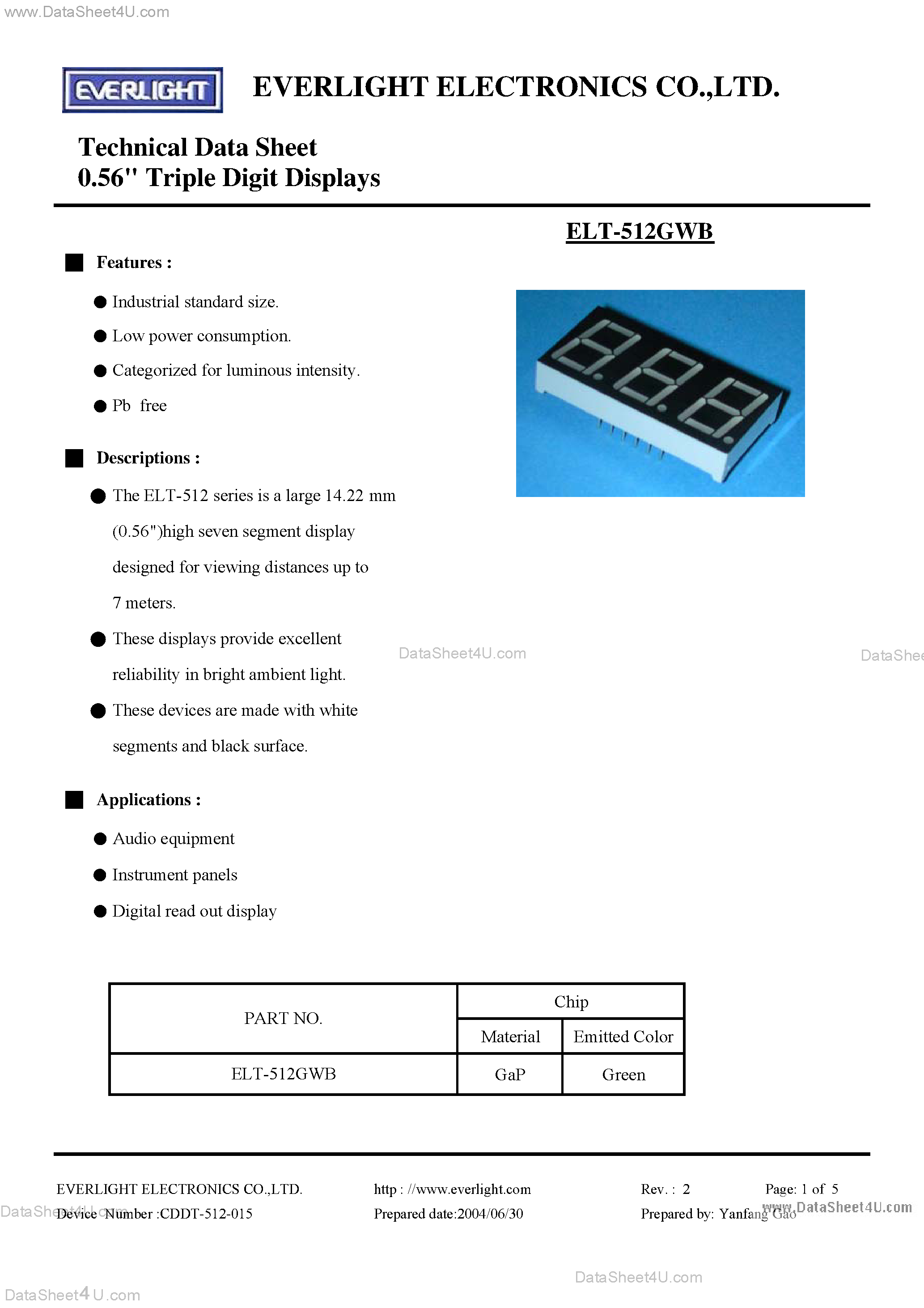 Datasheet ELT-512GWB page 1 Datasheet ELT-512GWB - Technical Data Sheet 0.56 inch Triple Digit Displays page 1
