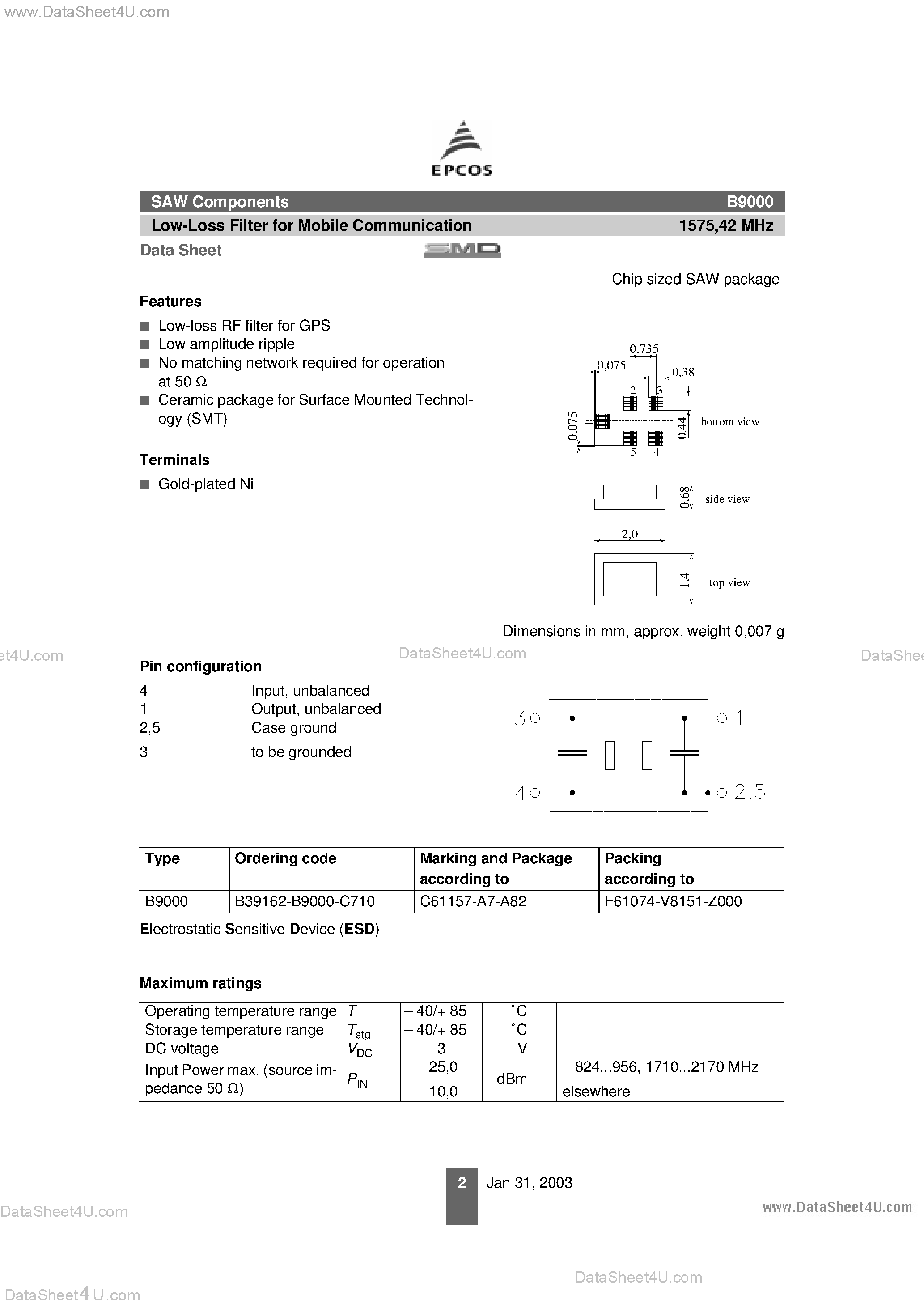 Datasheet B39162-B9000-C710 page 2 Datasheet B39162-B9000-C710 - Low-Loss Filter for Mobile Communication page 2