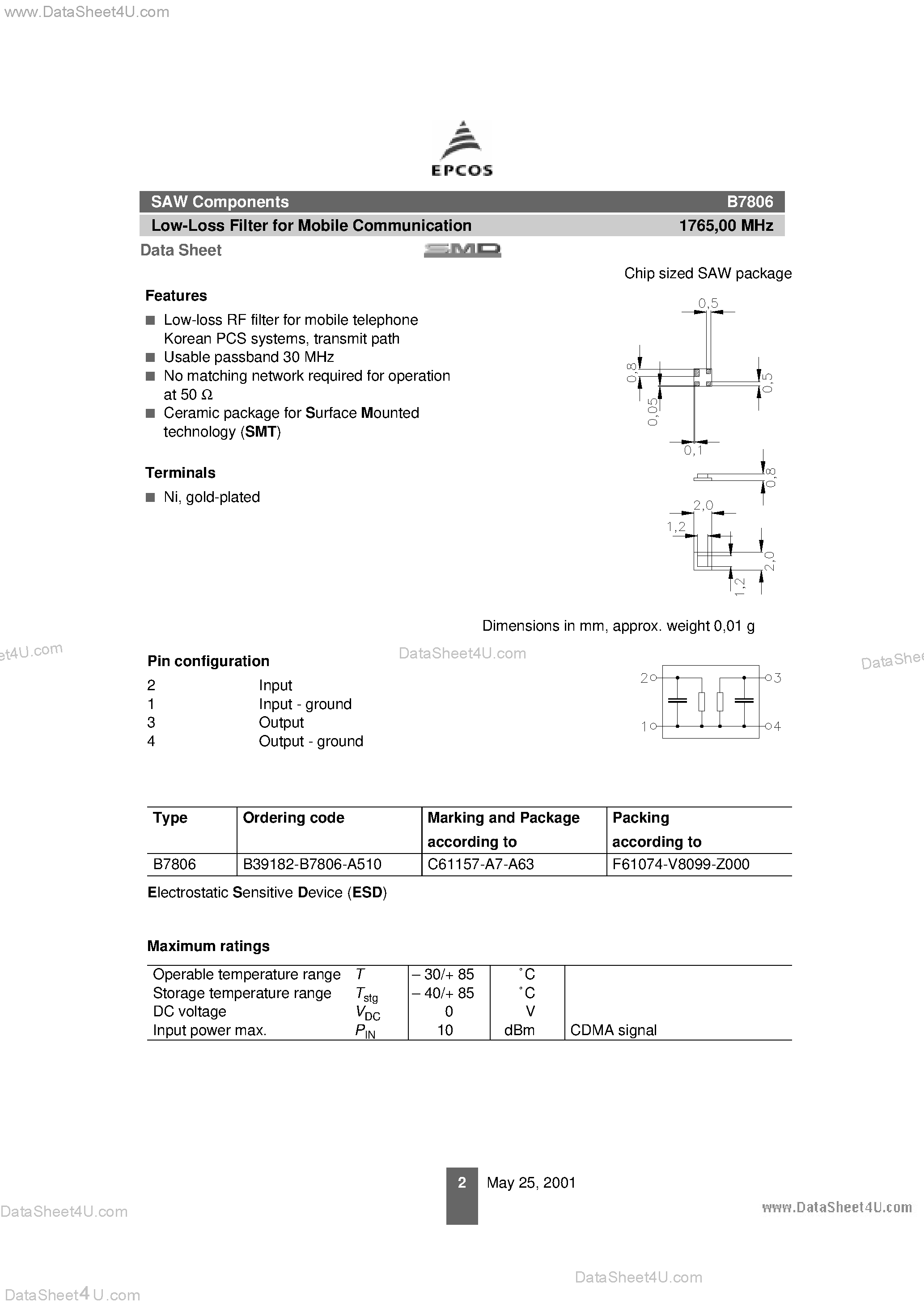 Datasheet B39182-B7806-A510 page 2 Datasheet B39182-B7806-A510 - Low-Loss Filter for Mobile Communication page 2