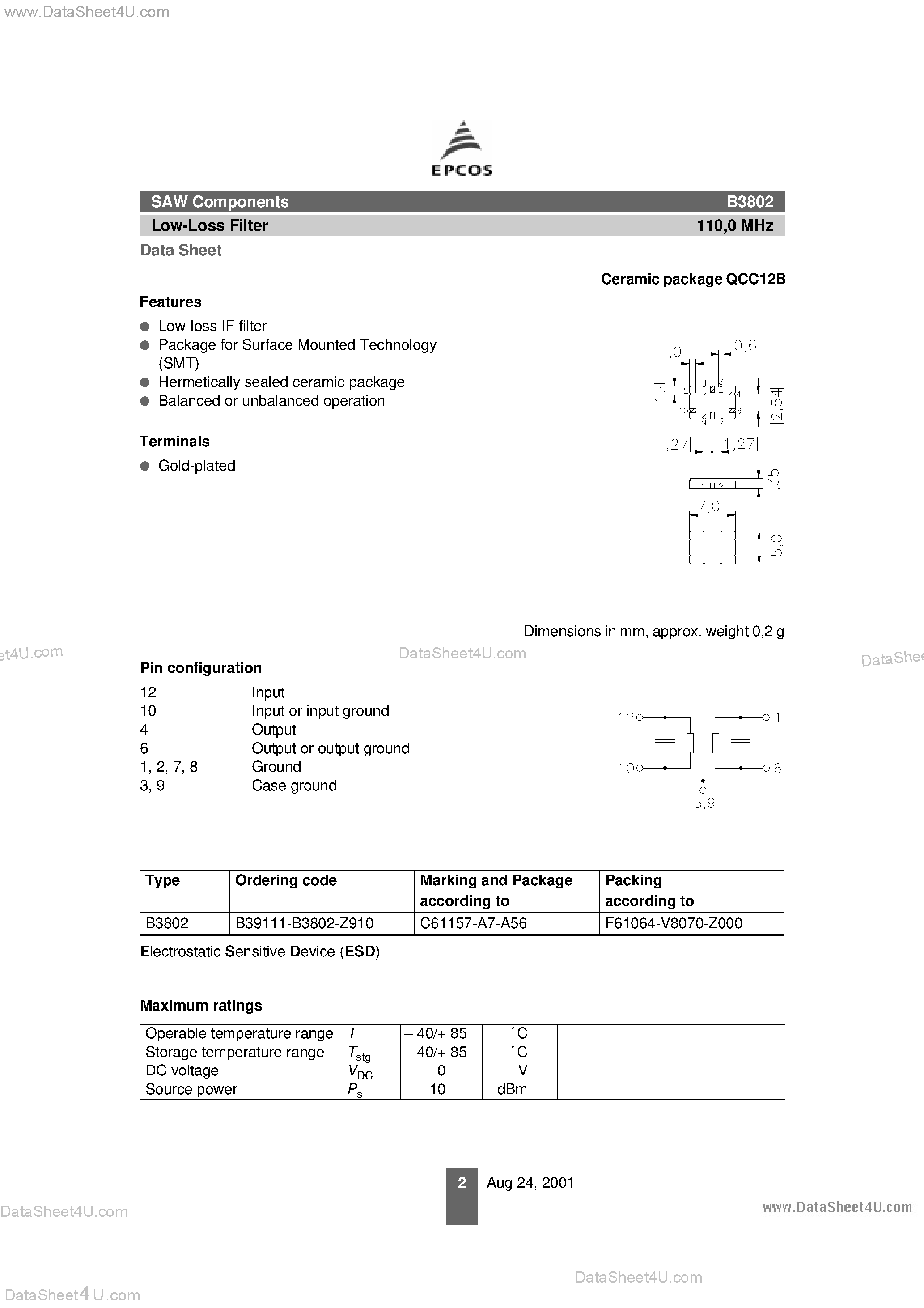 Datasheet B39111-B3802-Z910 page 2 Datasheet B39111-B3802-Z910 - SURFACE ACOUSTIC WAVE FILTER page 2
