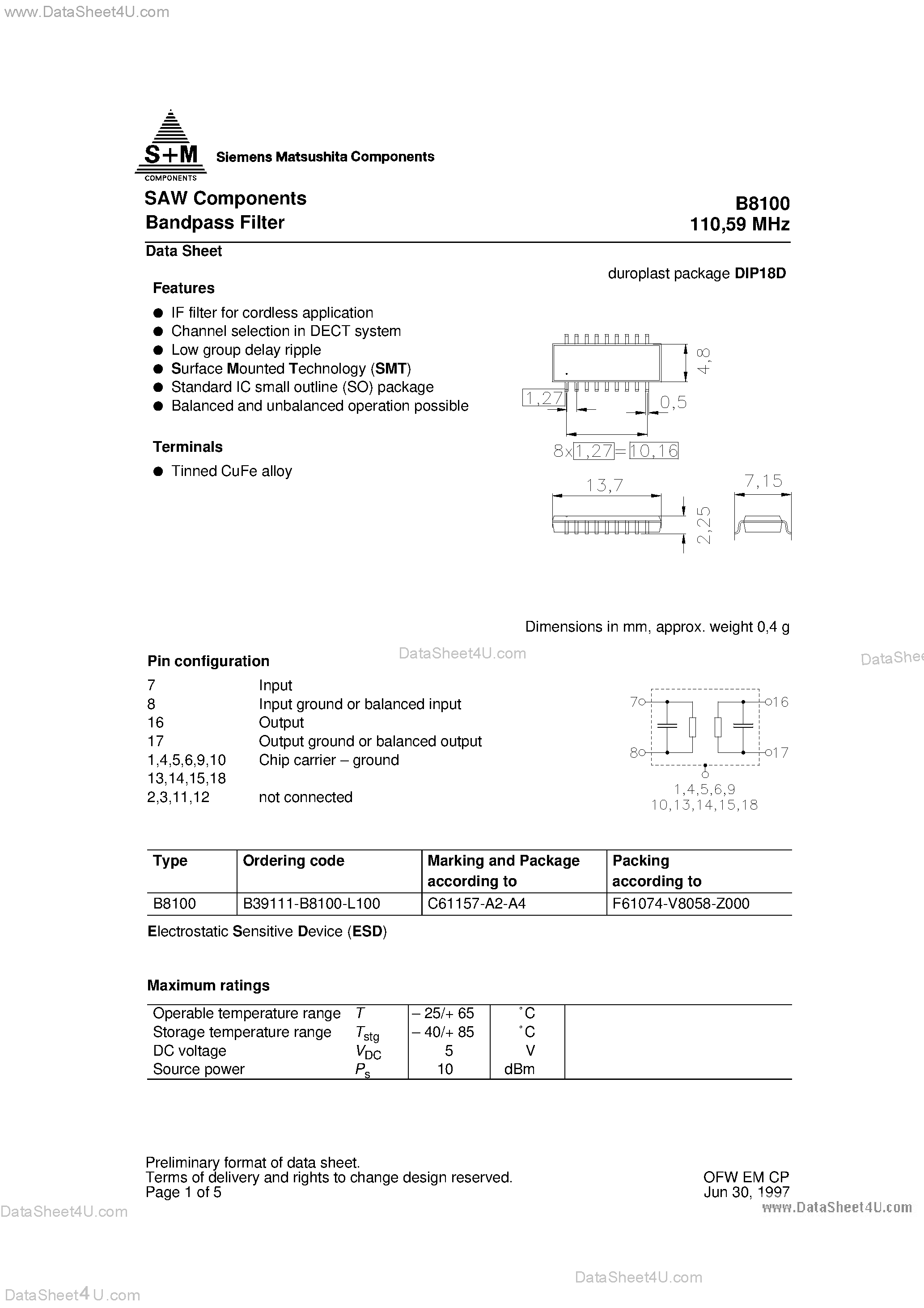 Datasheet B39111-B8100-L100 - SAW Components Bandpass Filter page 1