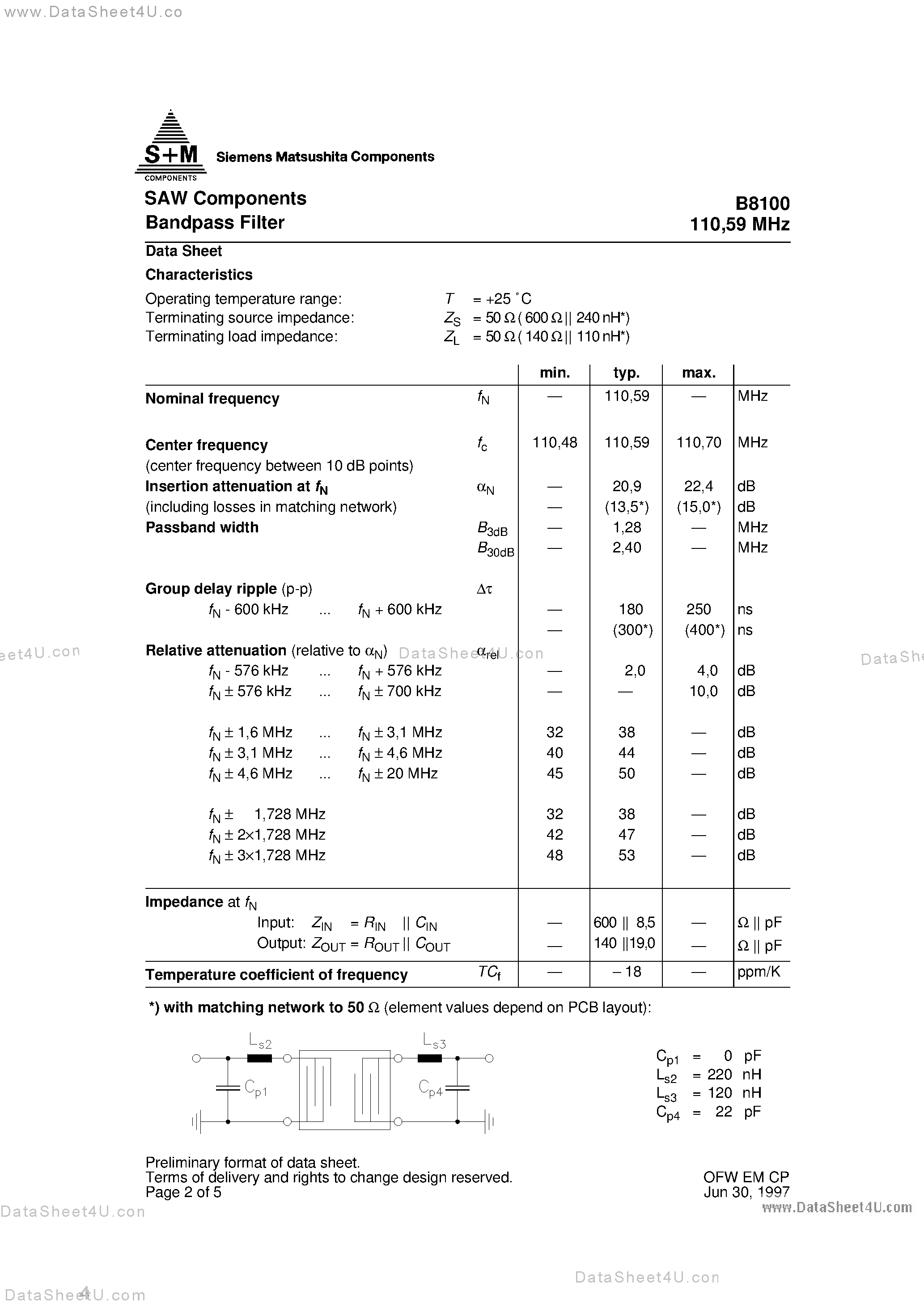 Datasheet B39111-B8100-L100 - SAW Components Bandpass Filter page 2