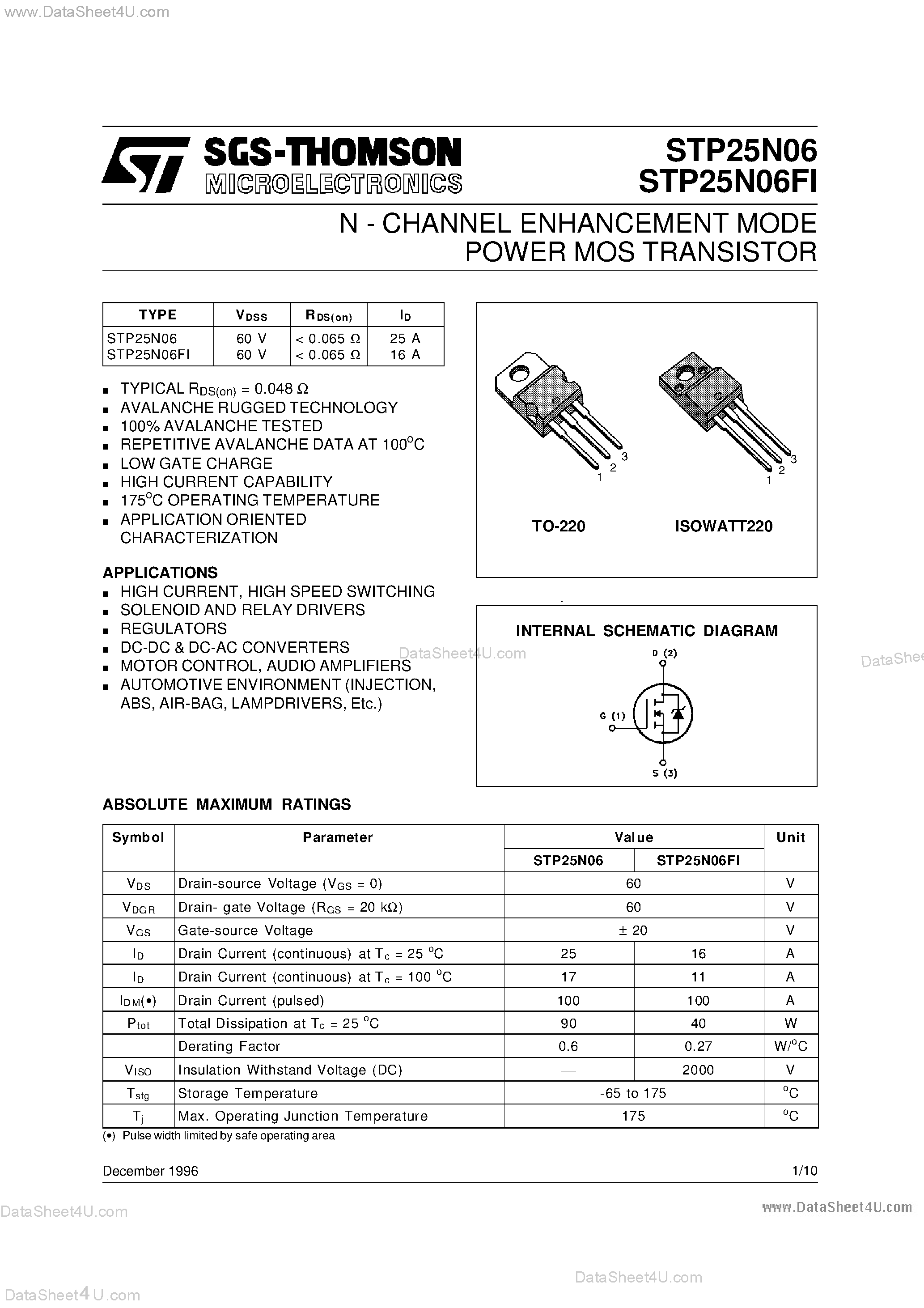 Datasheet STP25N06 - N - CHANNEL ENHANCEMENT MODE POWER MOS TRANSISTOR page 1