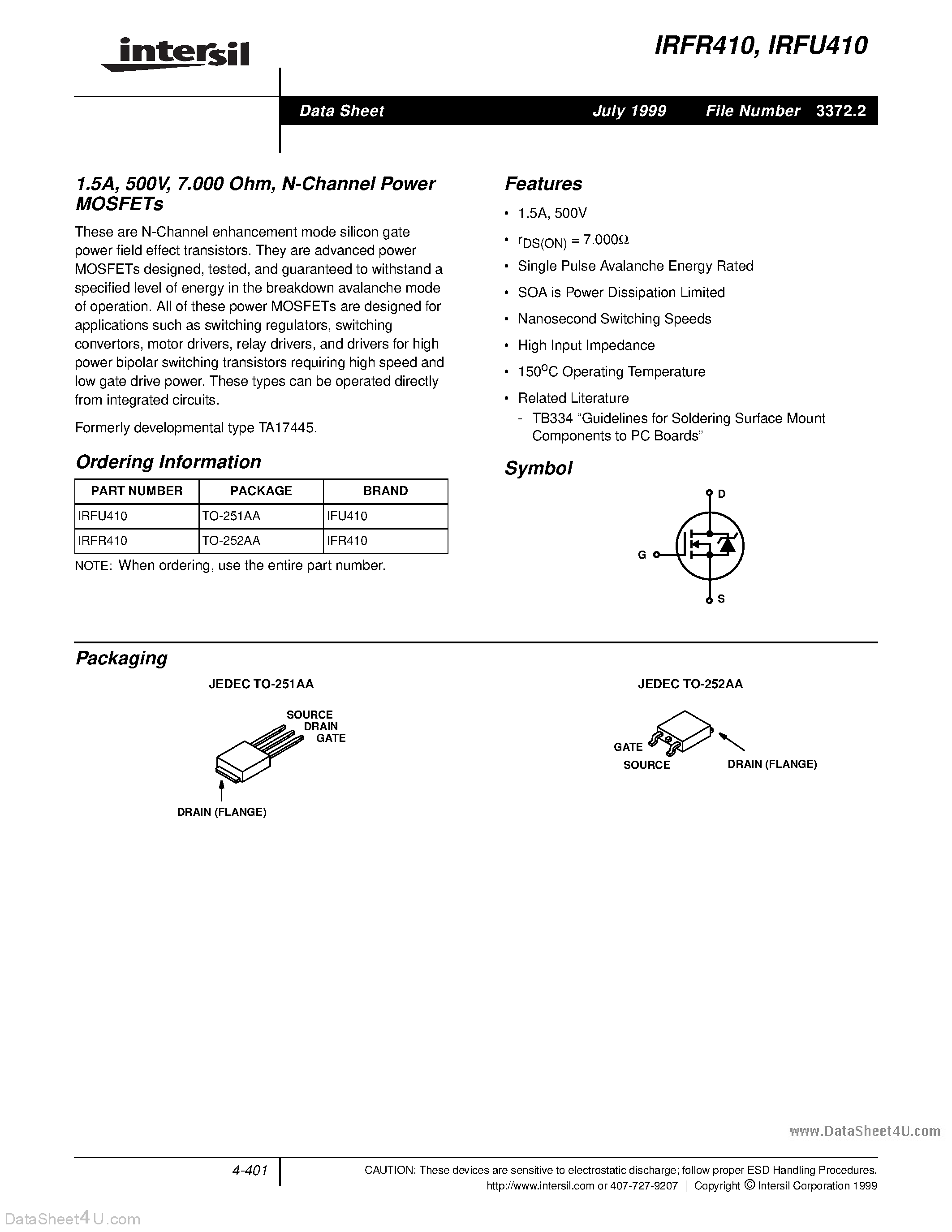 Datasheet IRFR410 page 1 Datasheet IRFR410 - N-Channel Power MOSFETs page 1