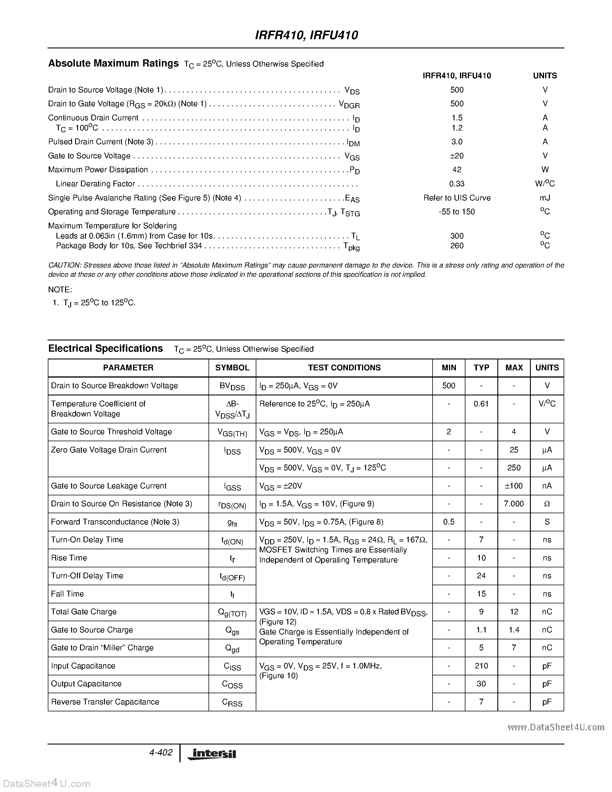 Datasheet IRFR410 page 2 Datasheet IRFR410 - N-Channel Power MOSFETs page 2