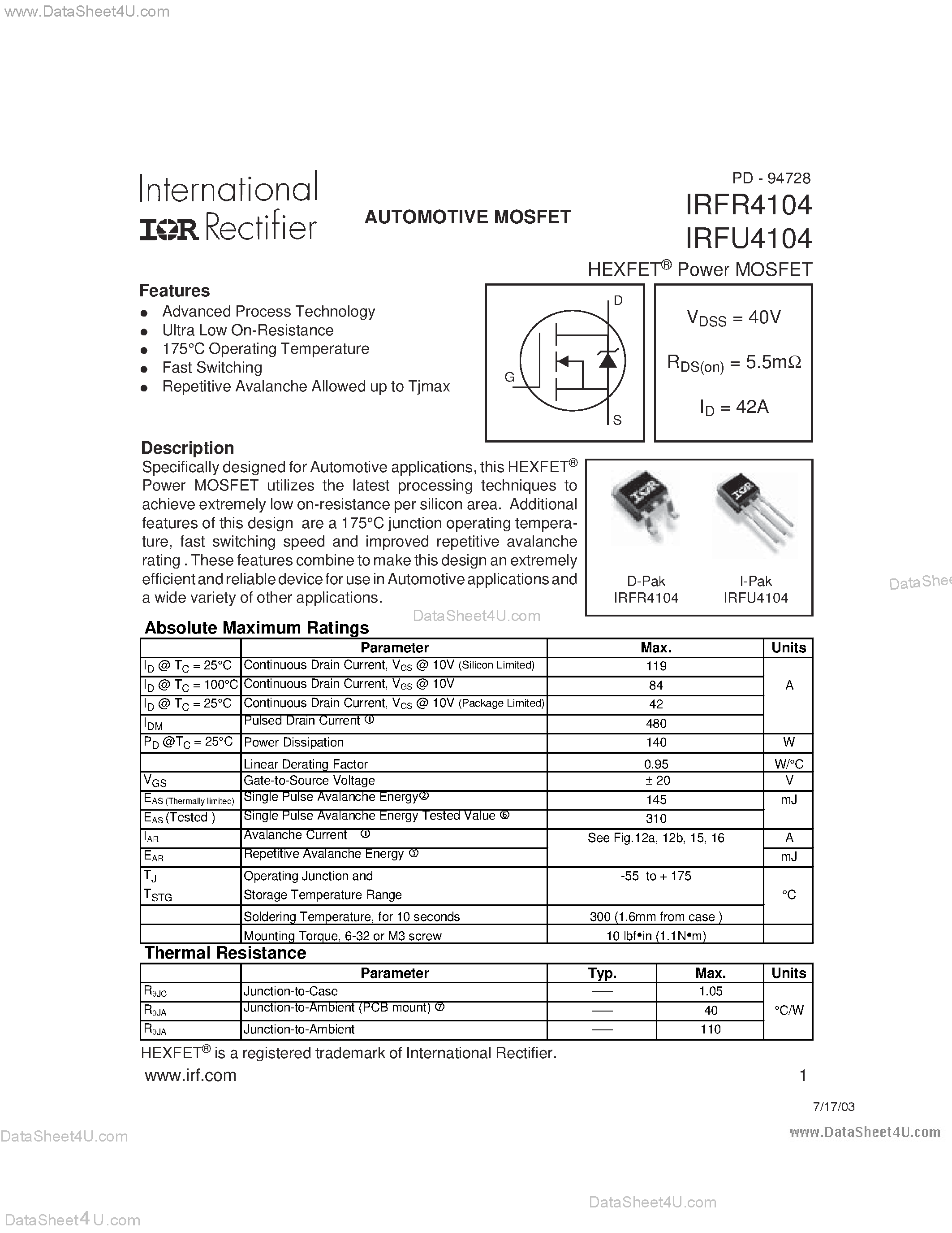 Datasheet IRFR4104 page 1 Datasheet IRFR4104 - Power MOSFET page 1