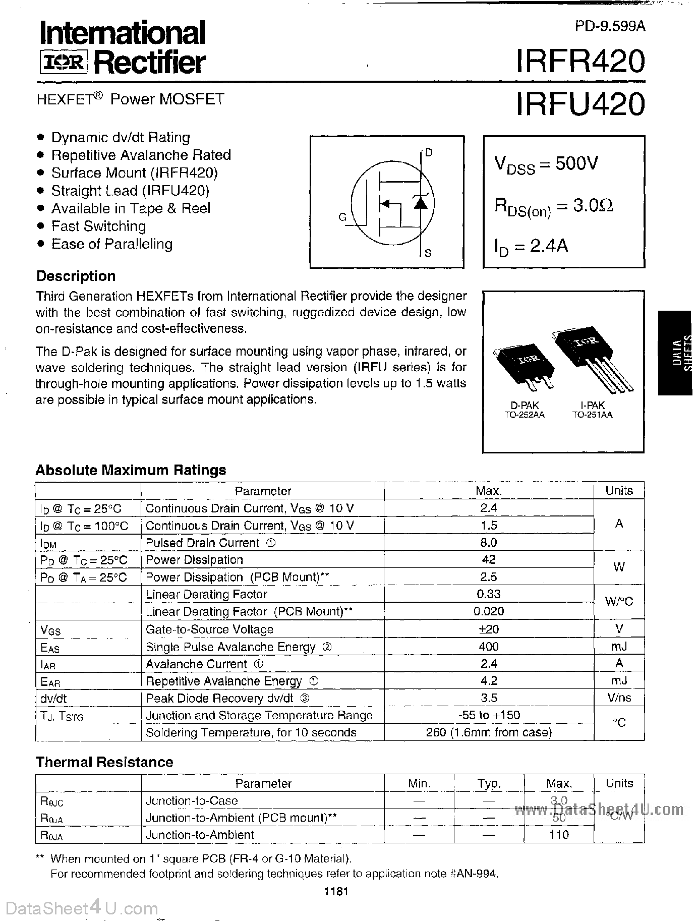 Datasheet IRFR420 - Power MOSFET page 1