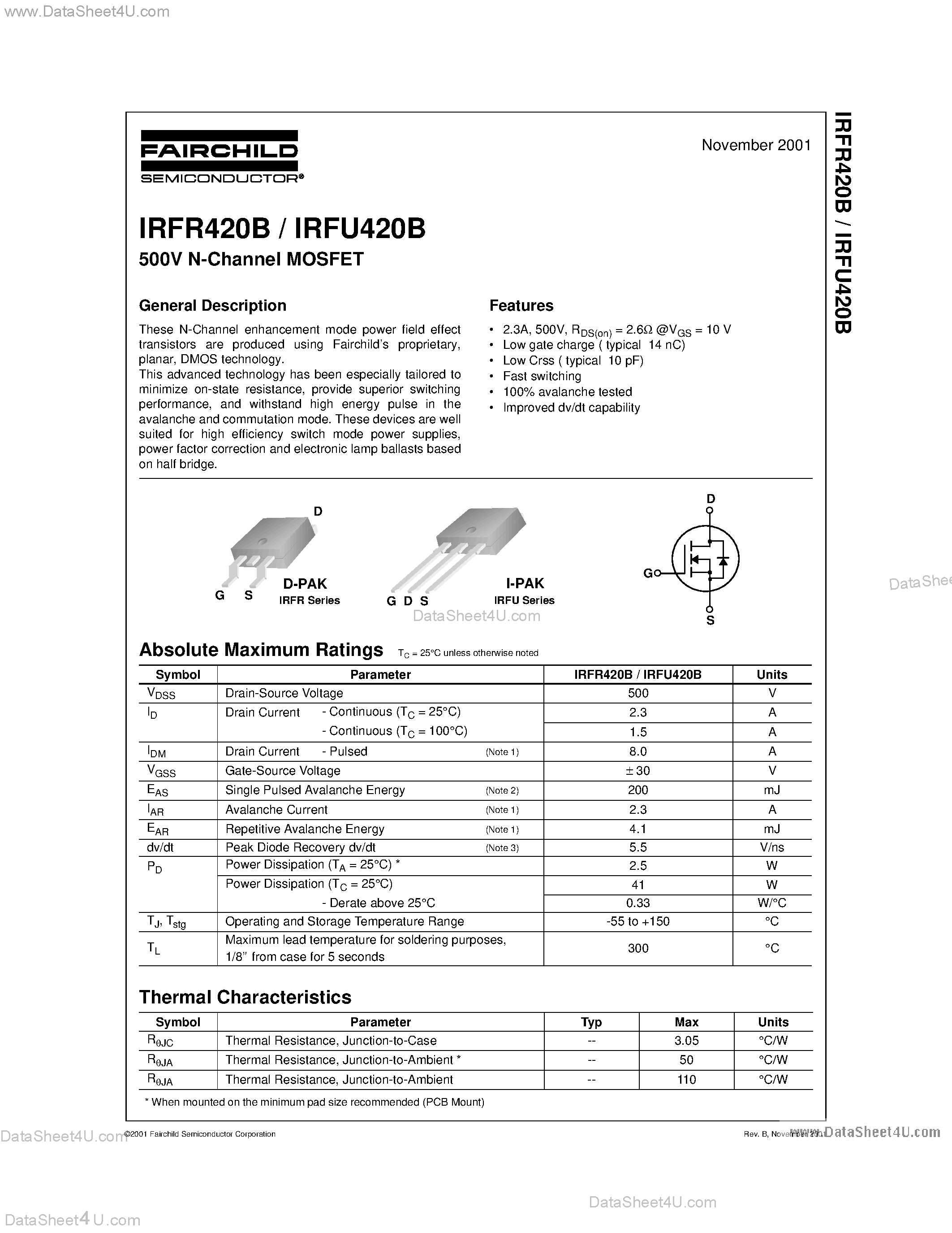 Datasheet IRFR420B - 500V N-Channel MOSFET page 1