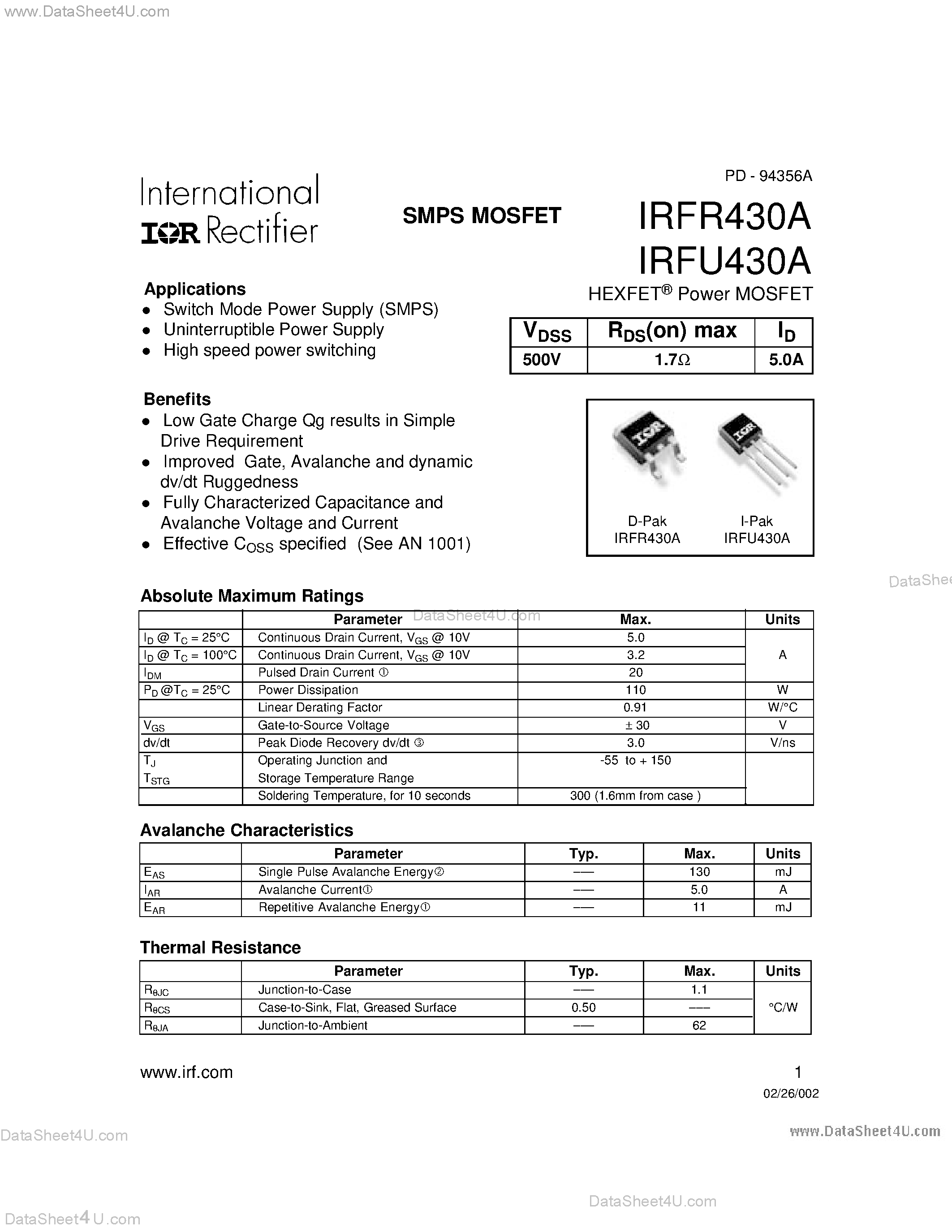 Datasheet IRFR430A - SMPS MOSFET page 1