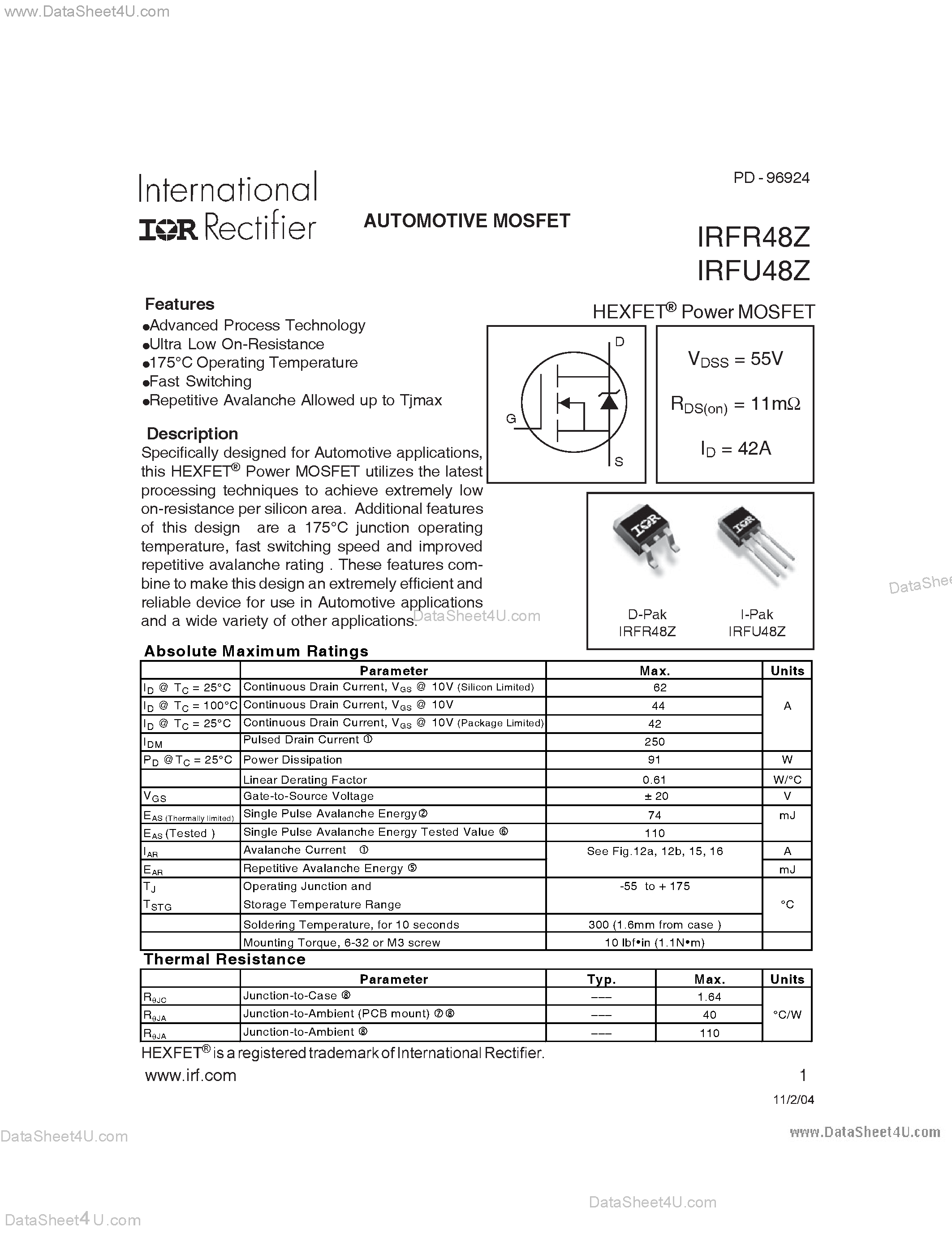 Datasheet IRFR48Z - AUTOMOTIVE MOSFET page 1