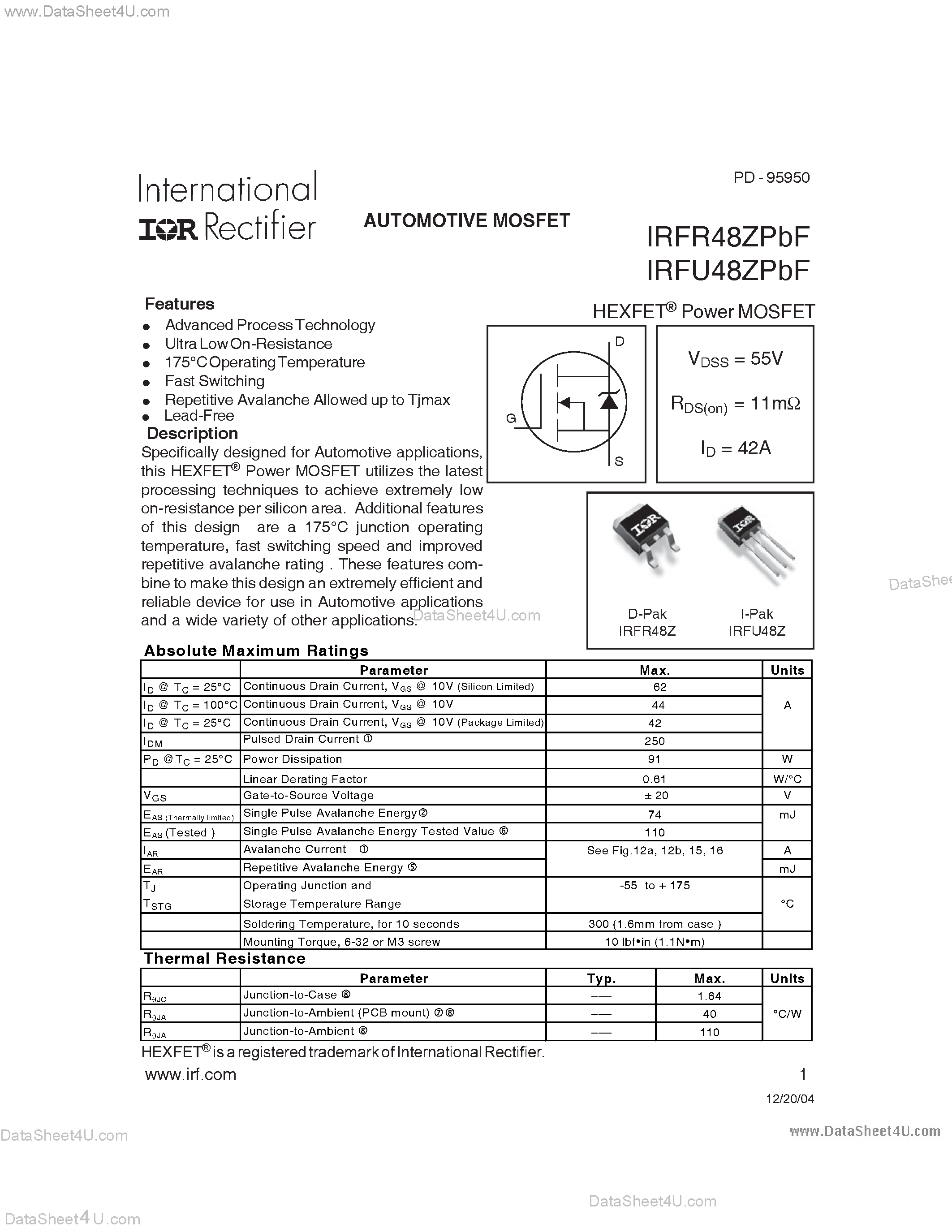 Datasheet IRFR48ZPBF - AUTOMOTIVE MOSFET page 1