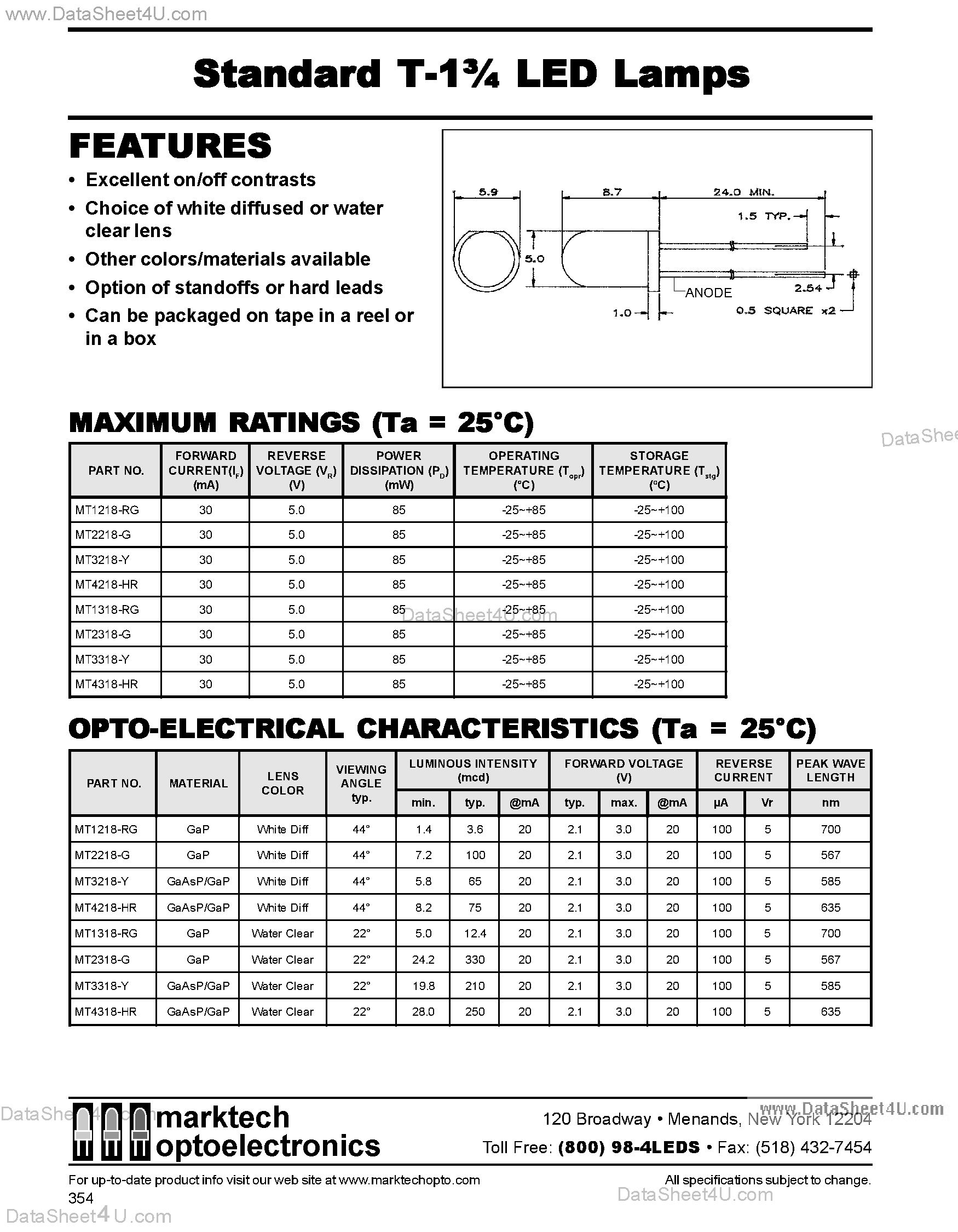 Даташит MT1318-RG - Marktech Standard 5mm White Diff & Water Clear LEDs страница 1
