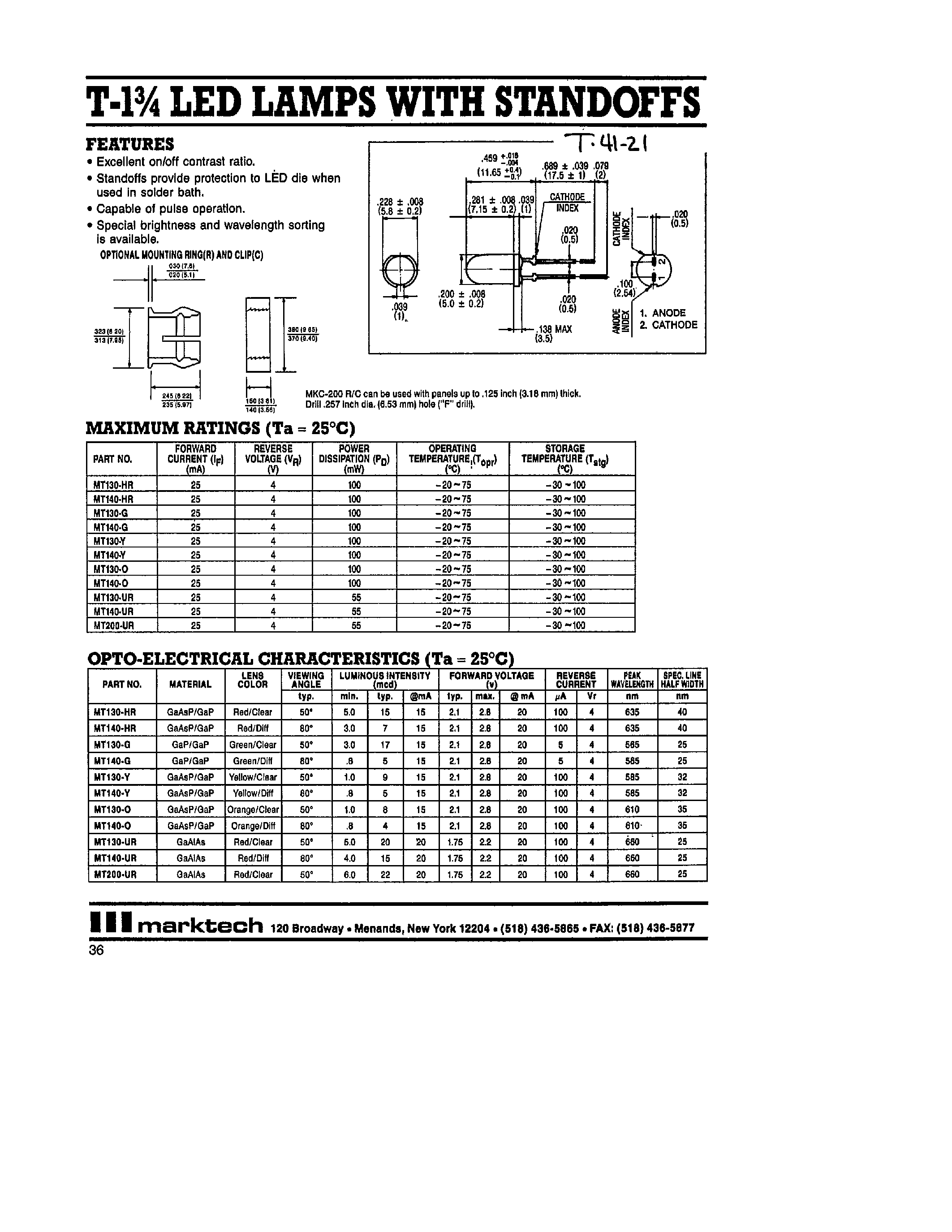 Datasheet MT130 - T-1 3/4 LED LAMPS WITH STANDOFFS page 1