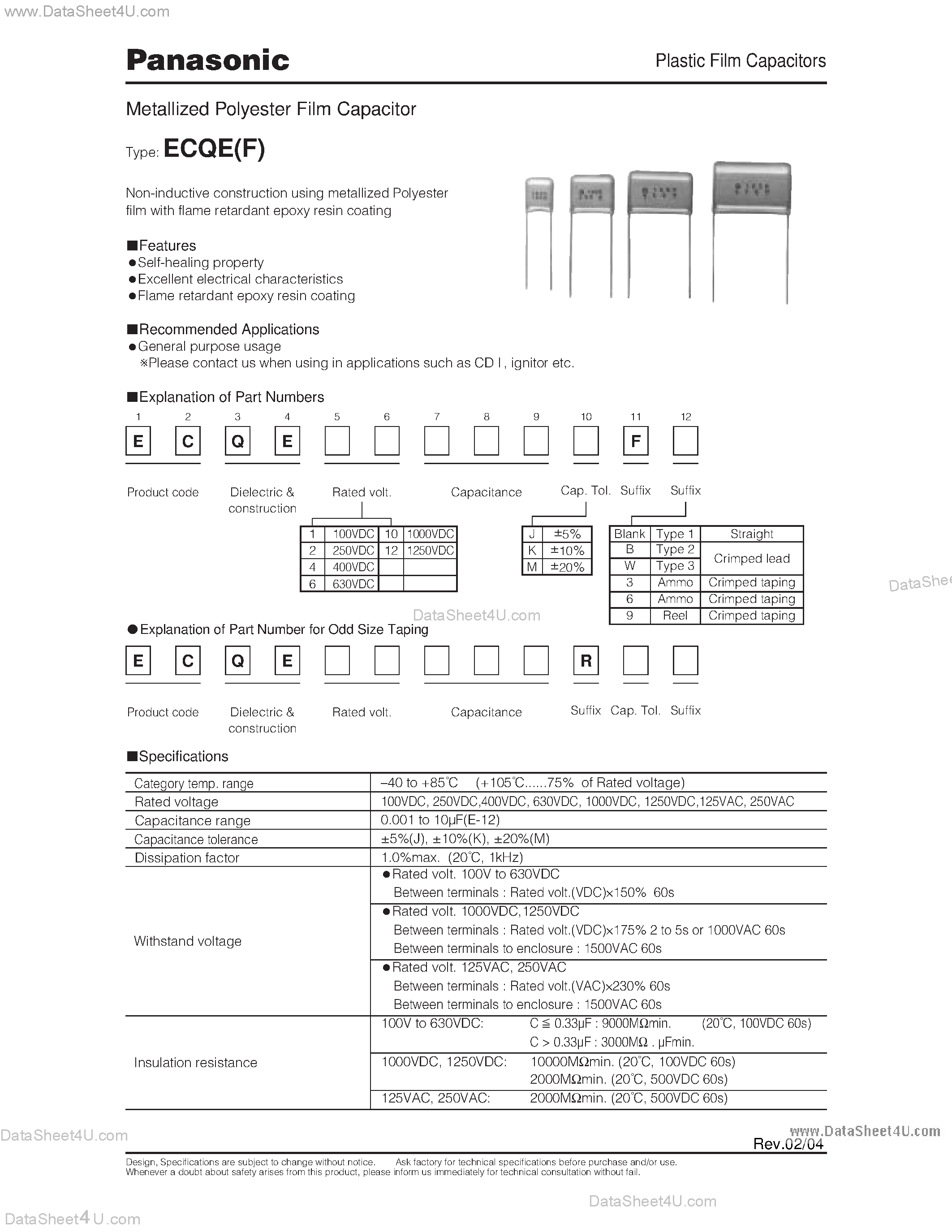 Datasheet ECQE1105KF - (ECQE Type) Metallized Polyester Film Capacitor page 1