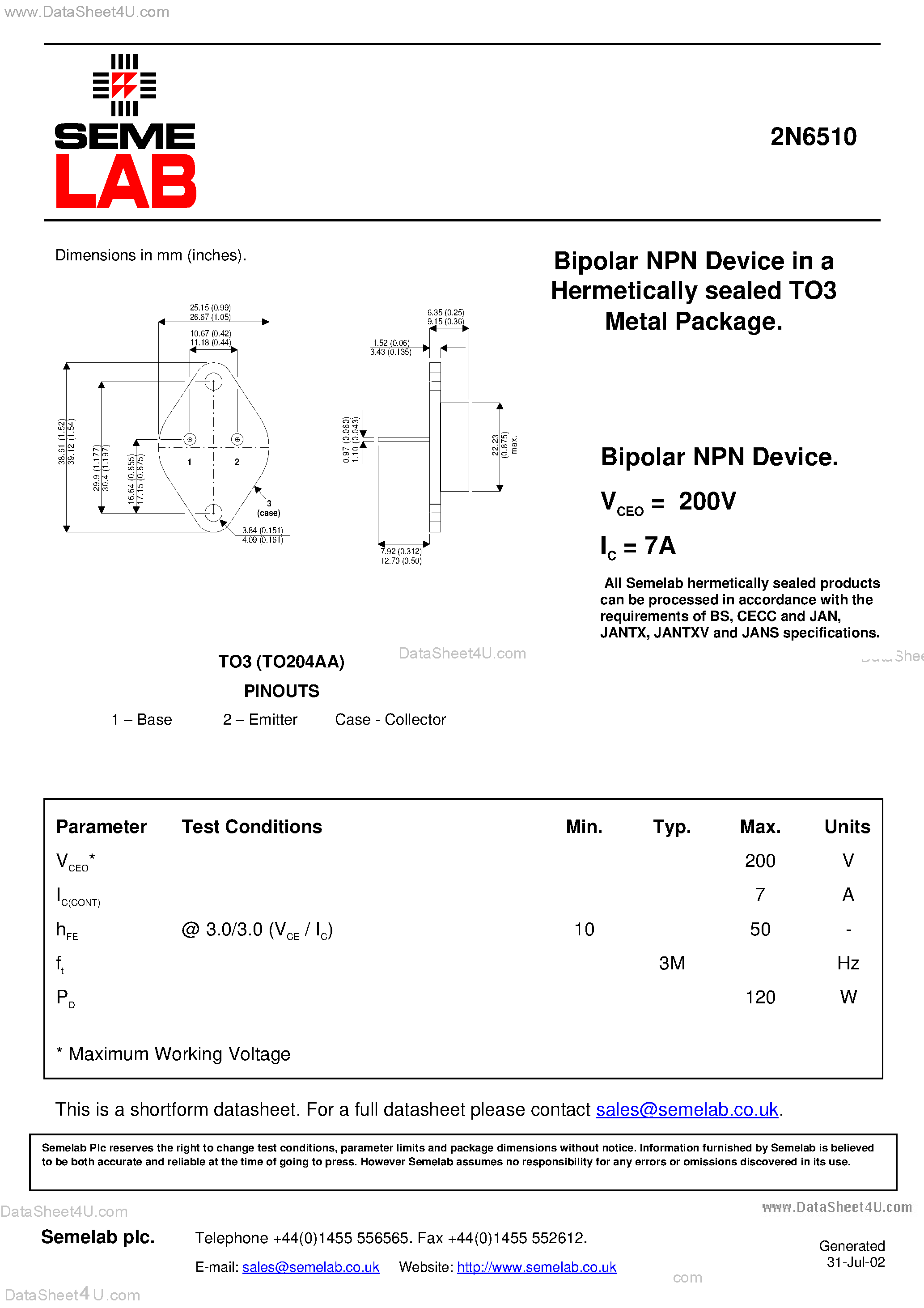 Datasheet 2N6510 - Bipolar NPN Device in a Hermetically sealed TO3 Metal Package page 1
